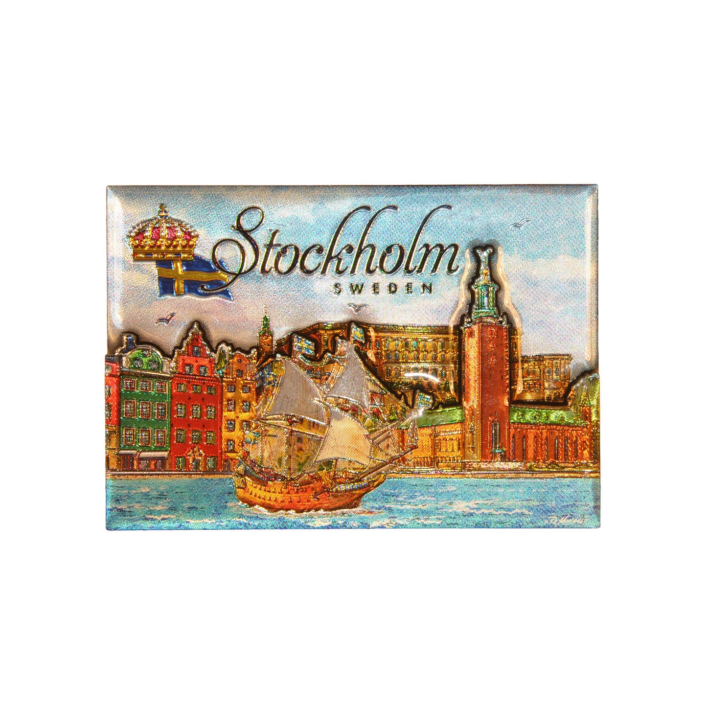 2D-magnet med motiv från Stockholm, inklusive ikoniska landmärken som Vasa-skeppet, Stortorget och Stadshuset.