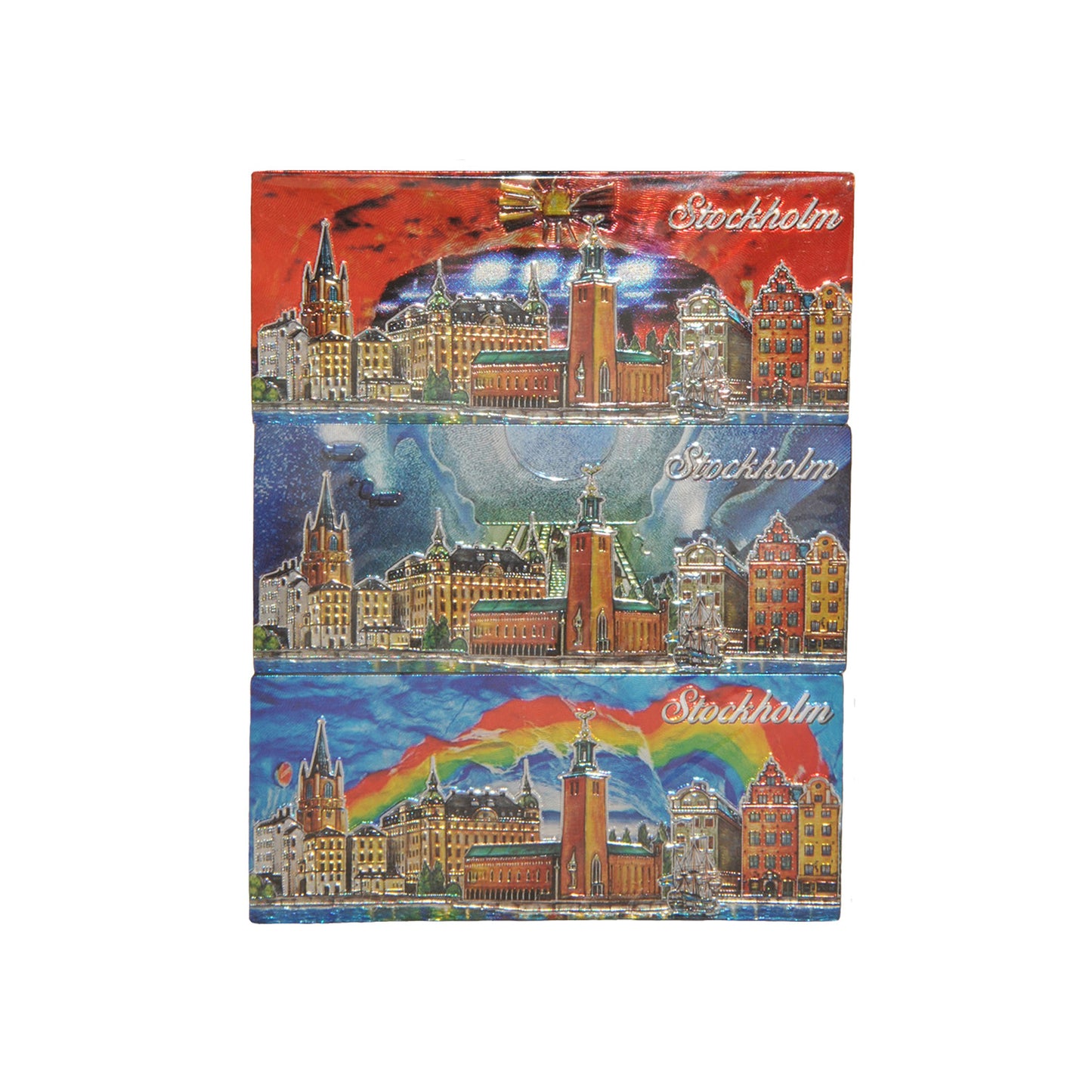 3-pack magneter med Stockholms skyline – varje magnet visar stadens ikoniska silhuett mot olika vackra bakgrunder.