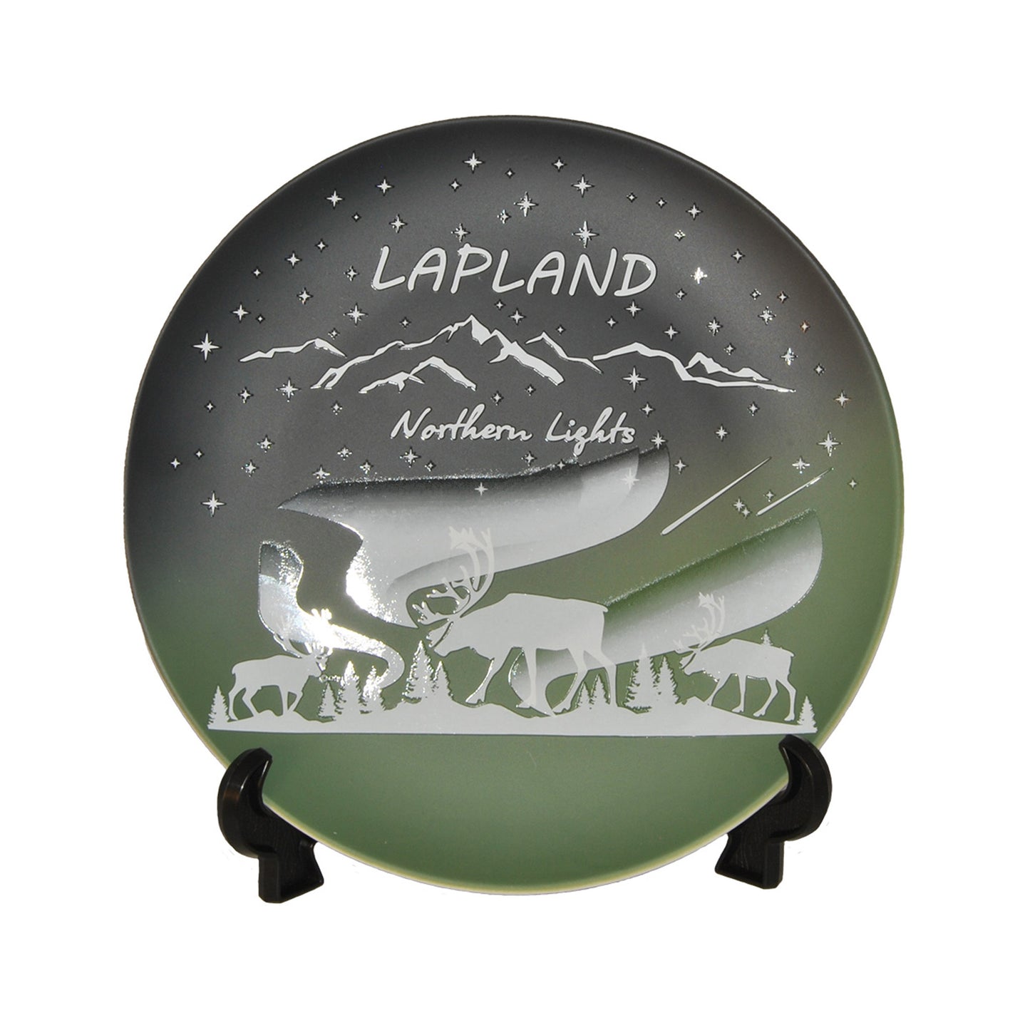 Vacker souvenirtallrik i svart och grönt med vitt motiv av renar och norrsken samt texten "Lapland – Northern Lights".