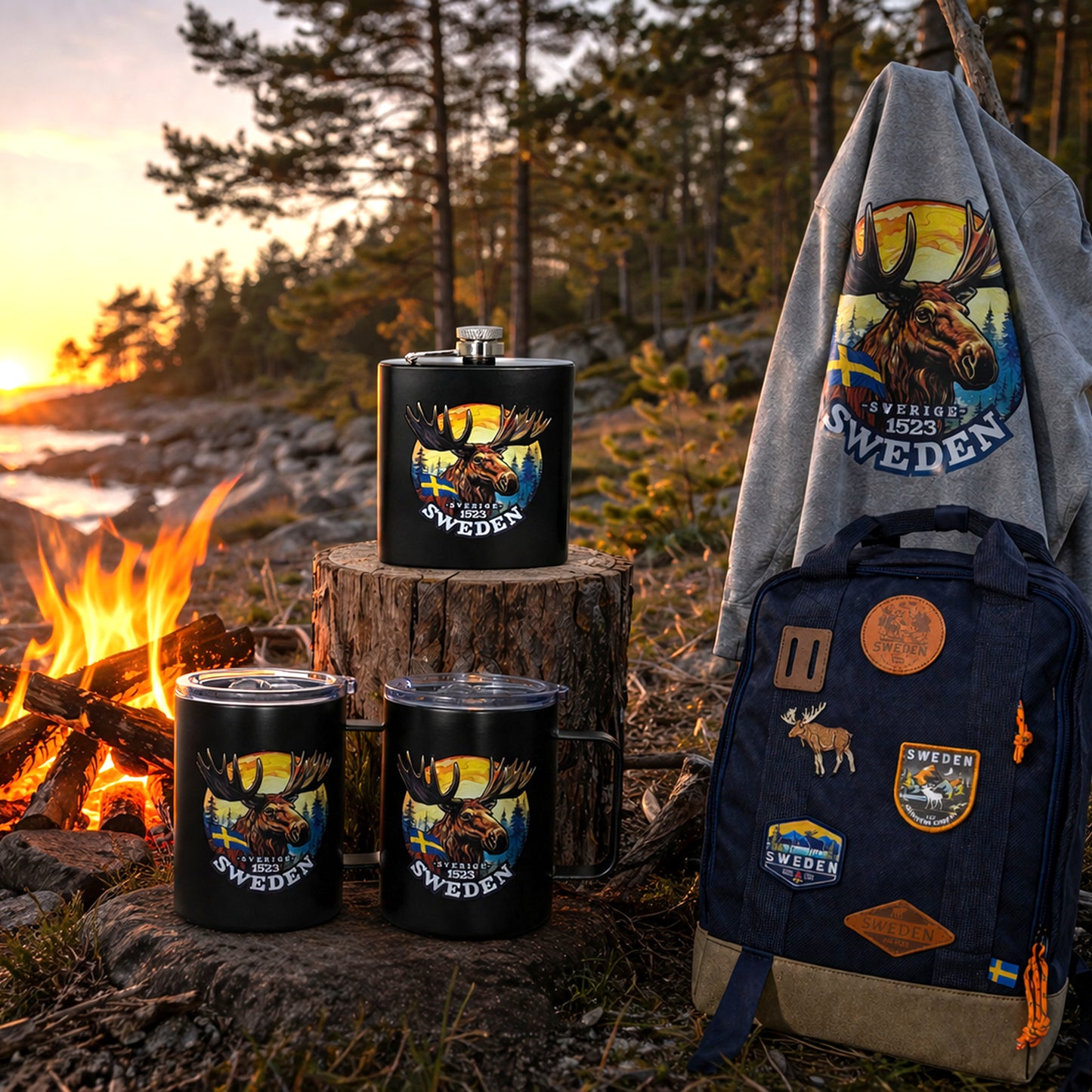 Fickplunta, termosmugg och hoodie med motiv på ett älghuvud och texten " -SVERIGE- 1523 SWEDEN" och en blå ryggsäck med sverige stickers. Placerade vid en lägereld i svensk natur vid solnedgång.