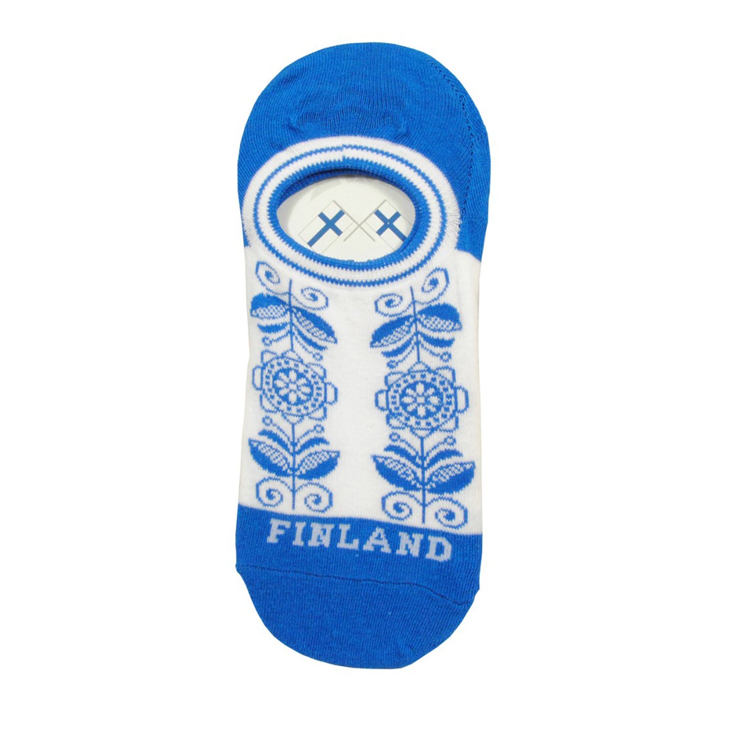 Vit ankelsocka med blå häl, blå tå, blommönster och texten "Finland", fotograferad uppifrån i platt läge – storlek 36–40.