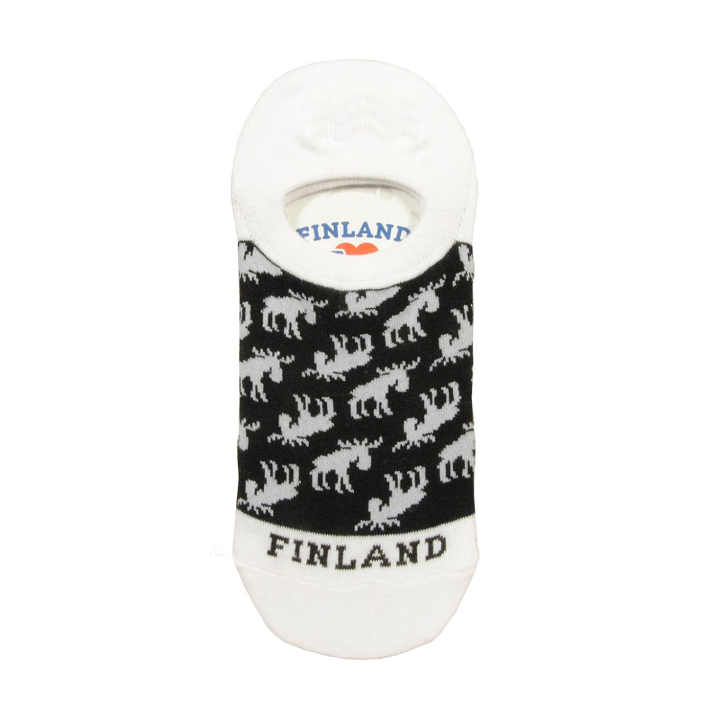 Svart-vit ankelsocka med älgmotiv och texten "Finland", fotograferad uppifrån i platt läge – storlek 36–40.