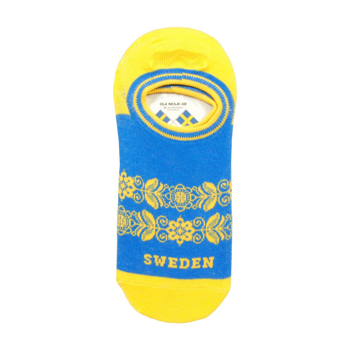 Blå ankelsocka visas platt och uppifrån . Den har gul häl och tå, två kransar av gula blommor runt foten och texten "Sweden" i gult.