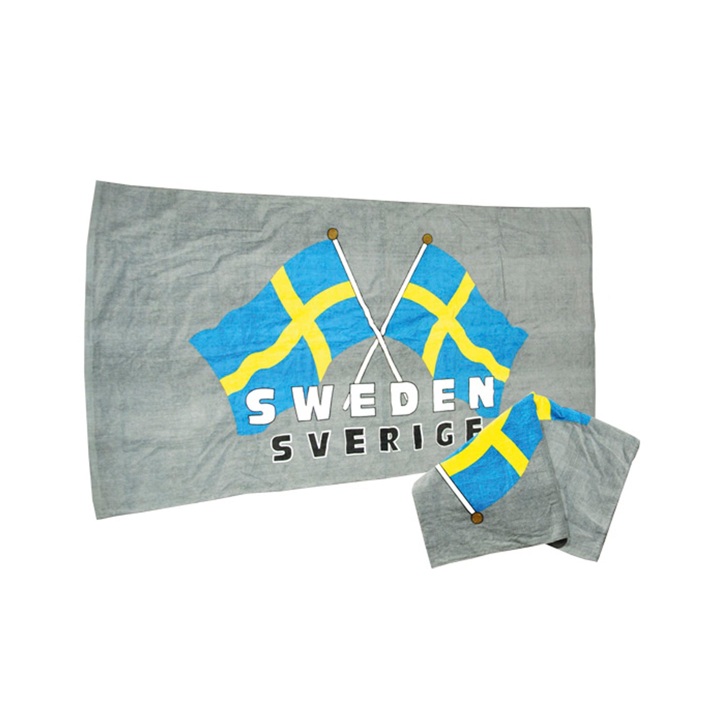 Grå badhandduk med korslagda svenska flaggor och texten "Sverige–Sweden".