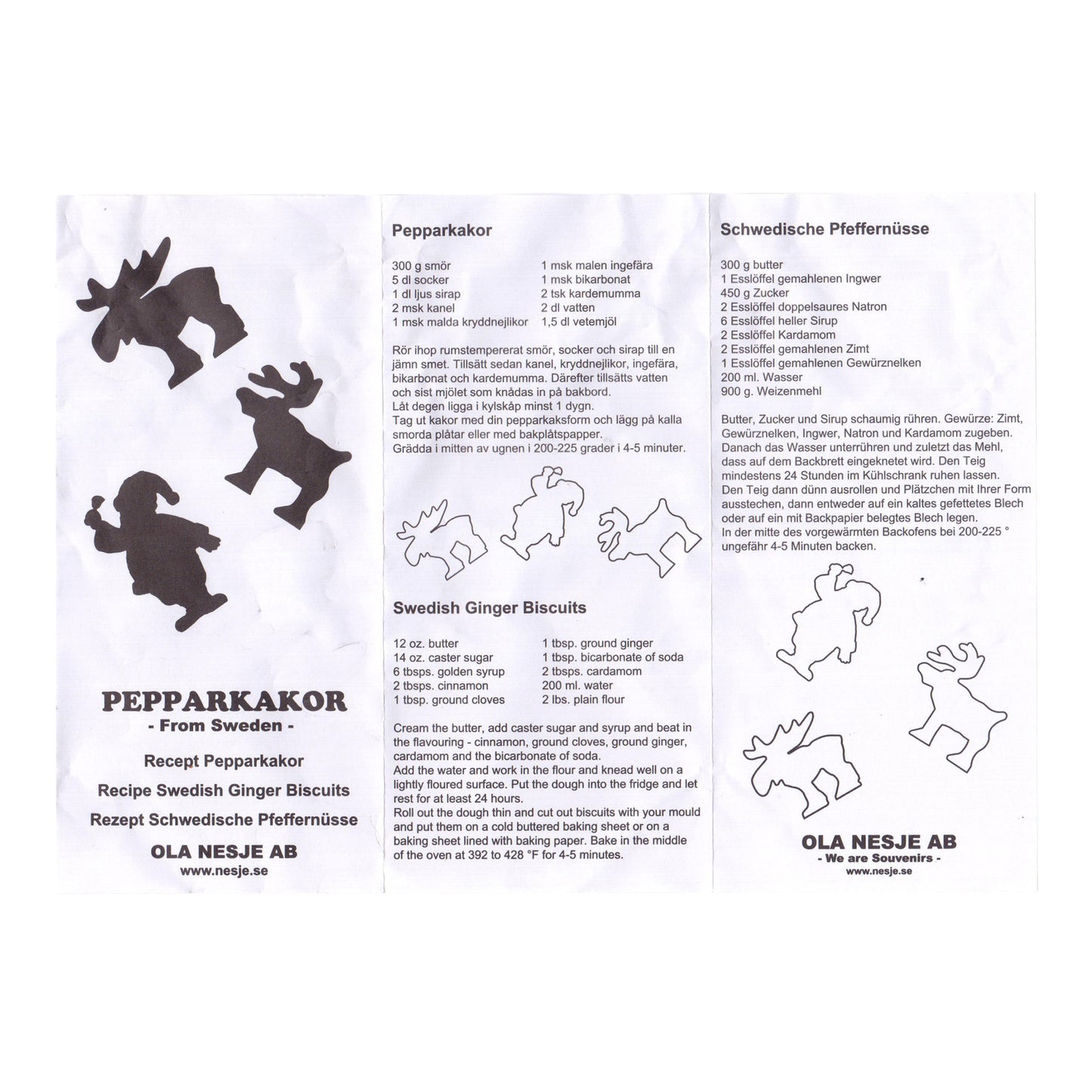 Receptkort för pepparkakor på svenska, engelska och tyska som medföljer bakformarna.
