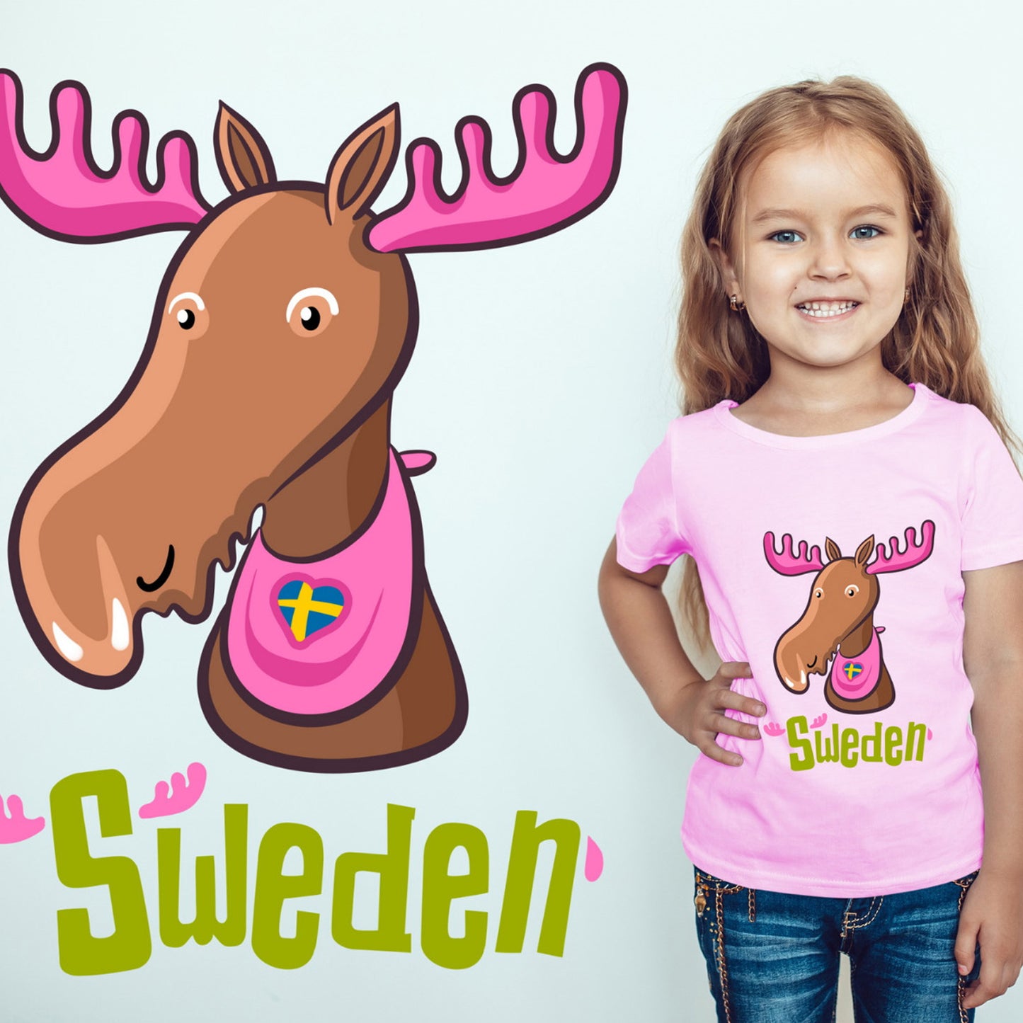 Flicka iklädd rosa barn t-shirt med motiv av tecknad älg och texten "Sweden".