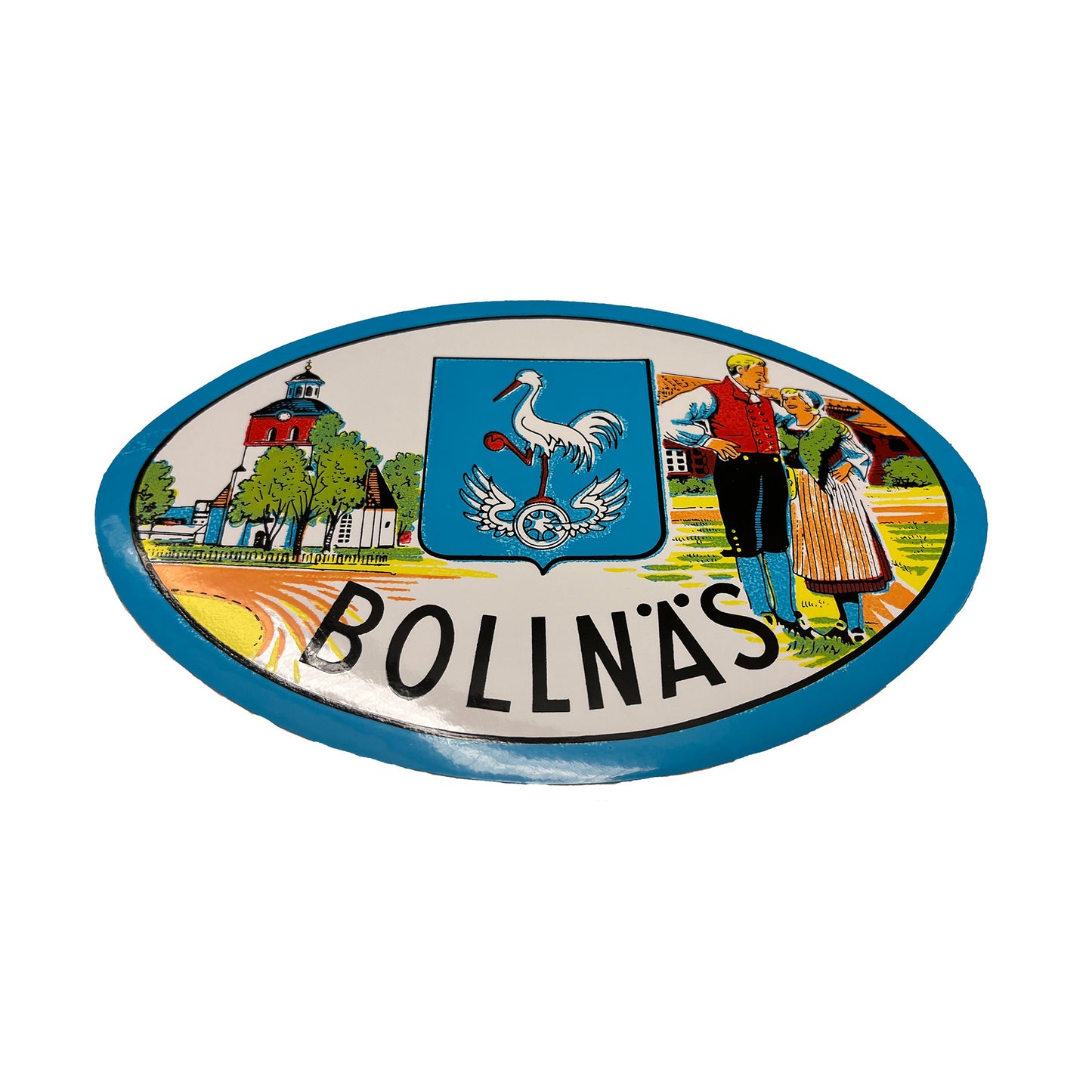 Oval bildekal med Bollnäs-motiv, 11 x 17 cm.