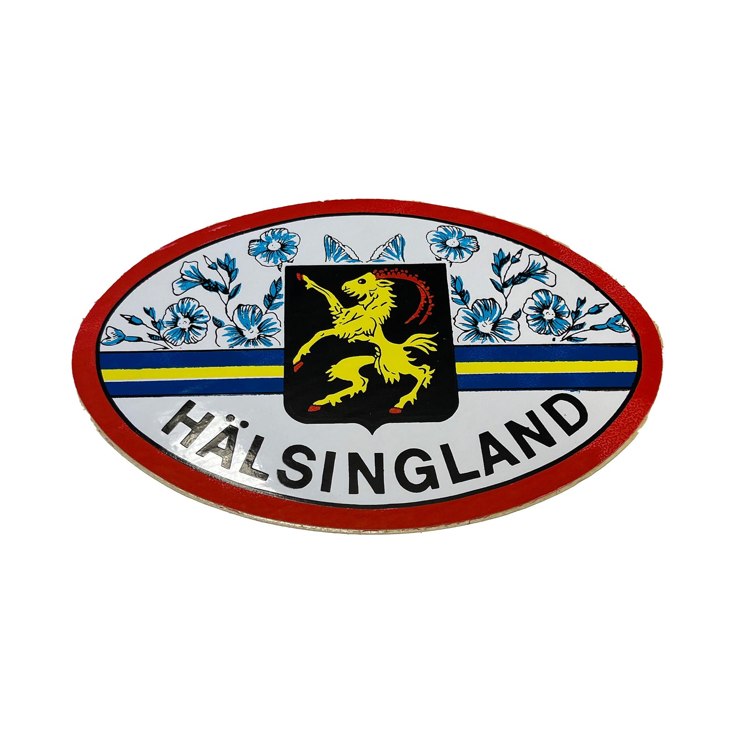 Oval bildekal med Hälsingland-motiv, 11 x 17 cm.