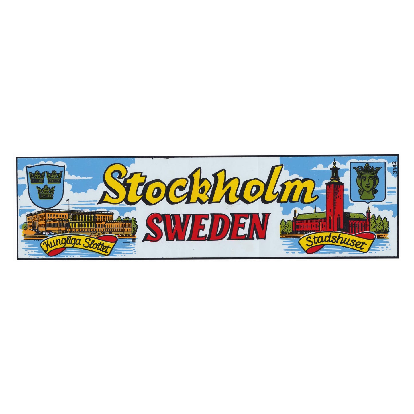 Rektangulär bildekal 21 x 6 cm med motiv av Kungliga slottet, Stadshuset, Tre Kronor och ST. Erik – en populär souvenir från Stockholm.
