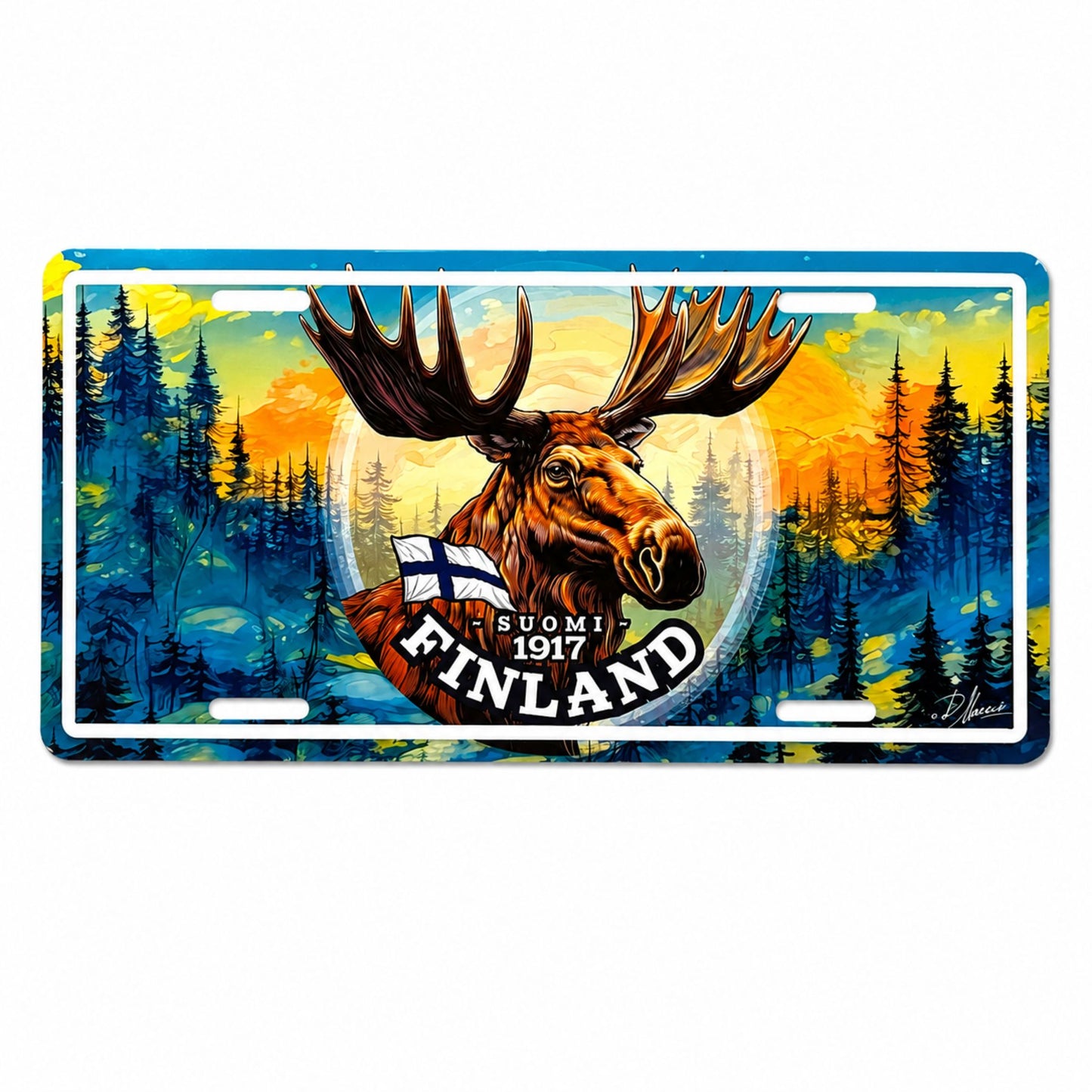 Bilskylt med älgmotiv och texten "Finland", designad som en amerikansk registreringsskylt.