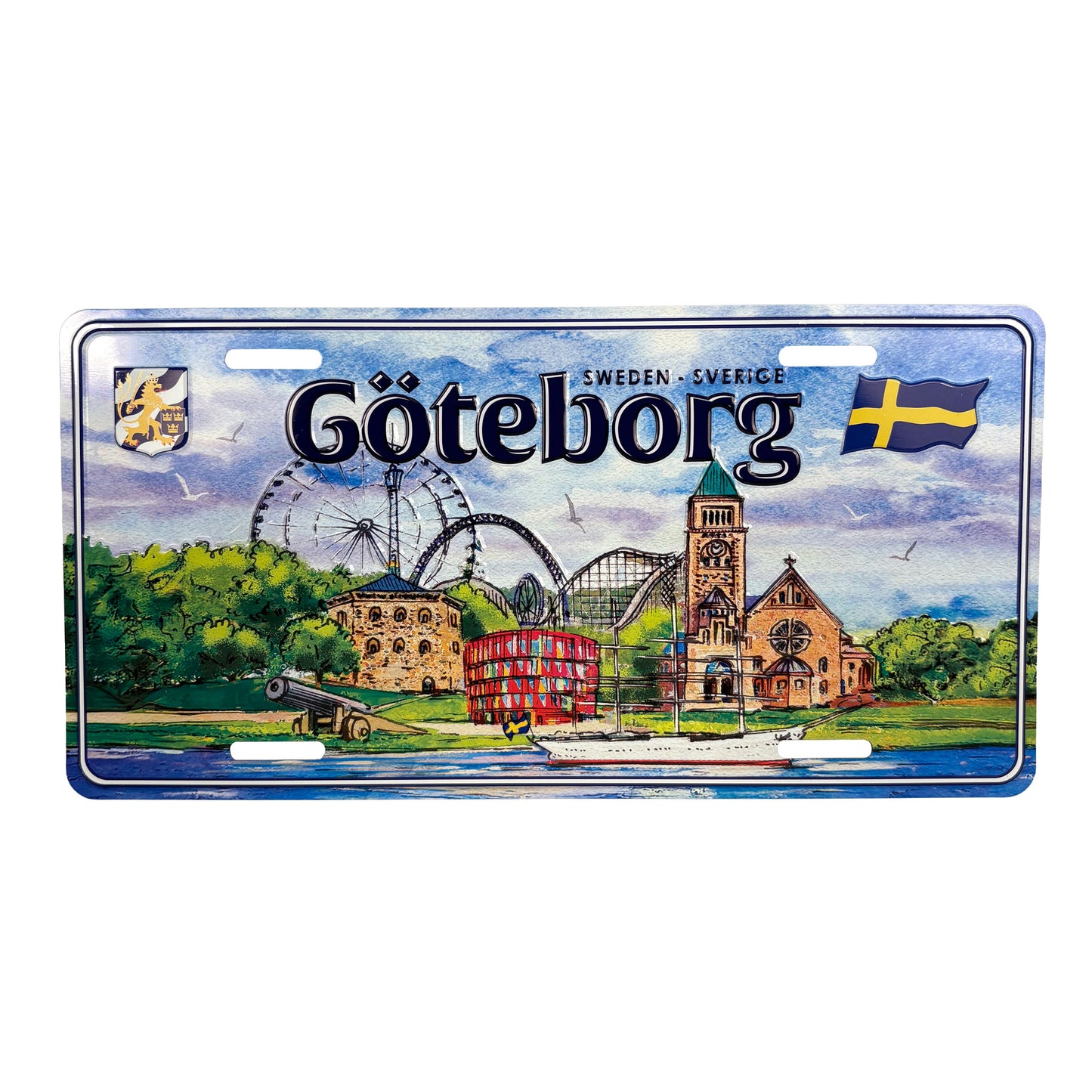Snygg bilskylt med Göteborgsmotiv i amerikansk registreringsskyltstil, perfekt som väggdekoration.
