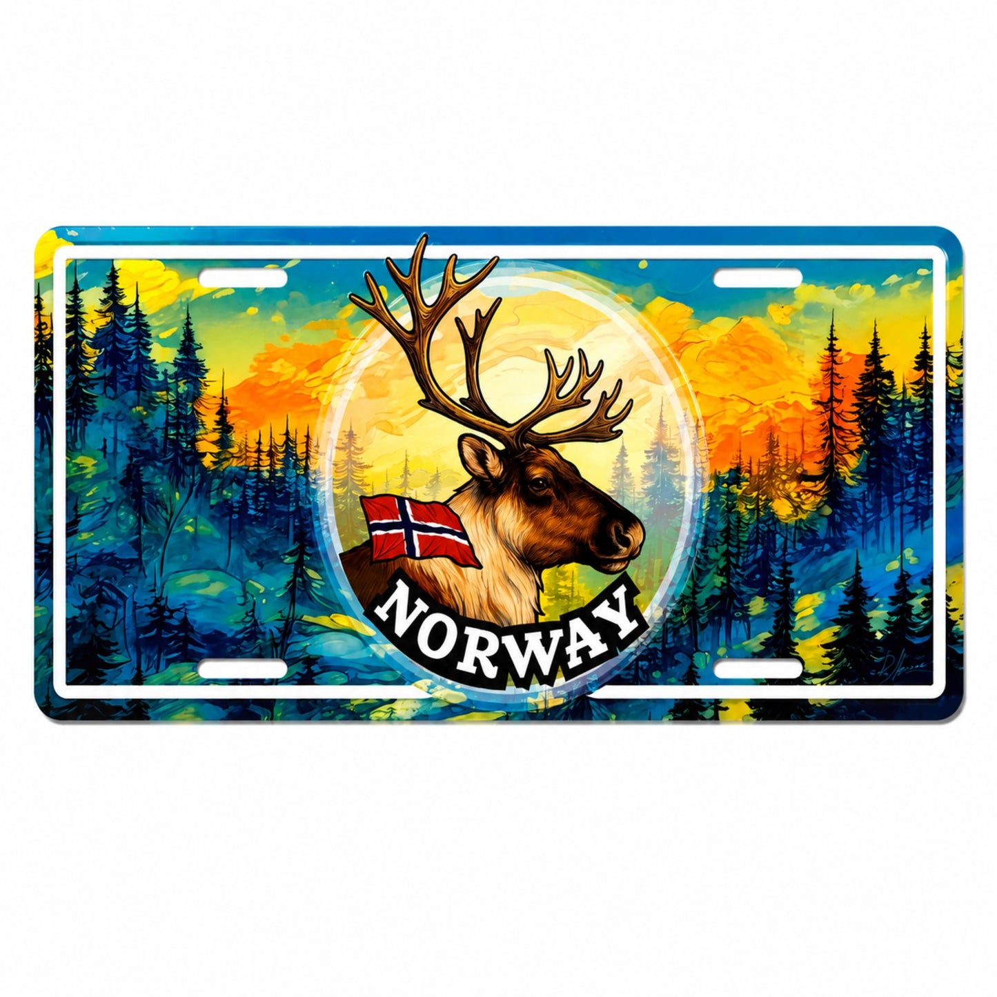 Bilskylt med renmotiv och texten "Norway", designad som en amerikansk registreringsskylt.