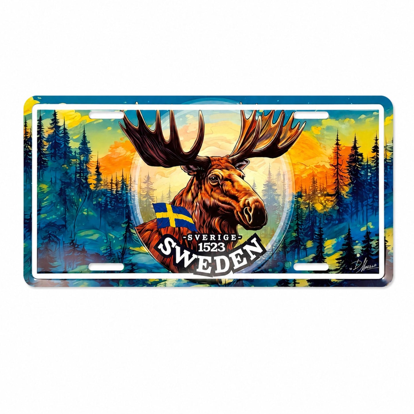 Bilskylt med älgmotiv och texten "Sweden", designad som en amerikansk registreringsskylt.