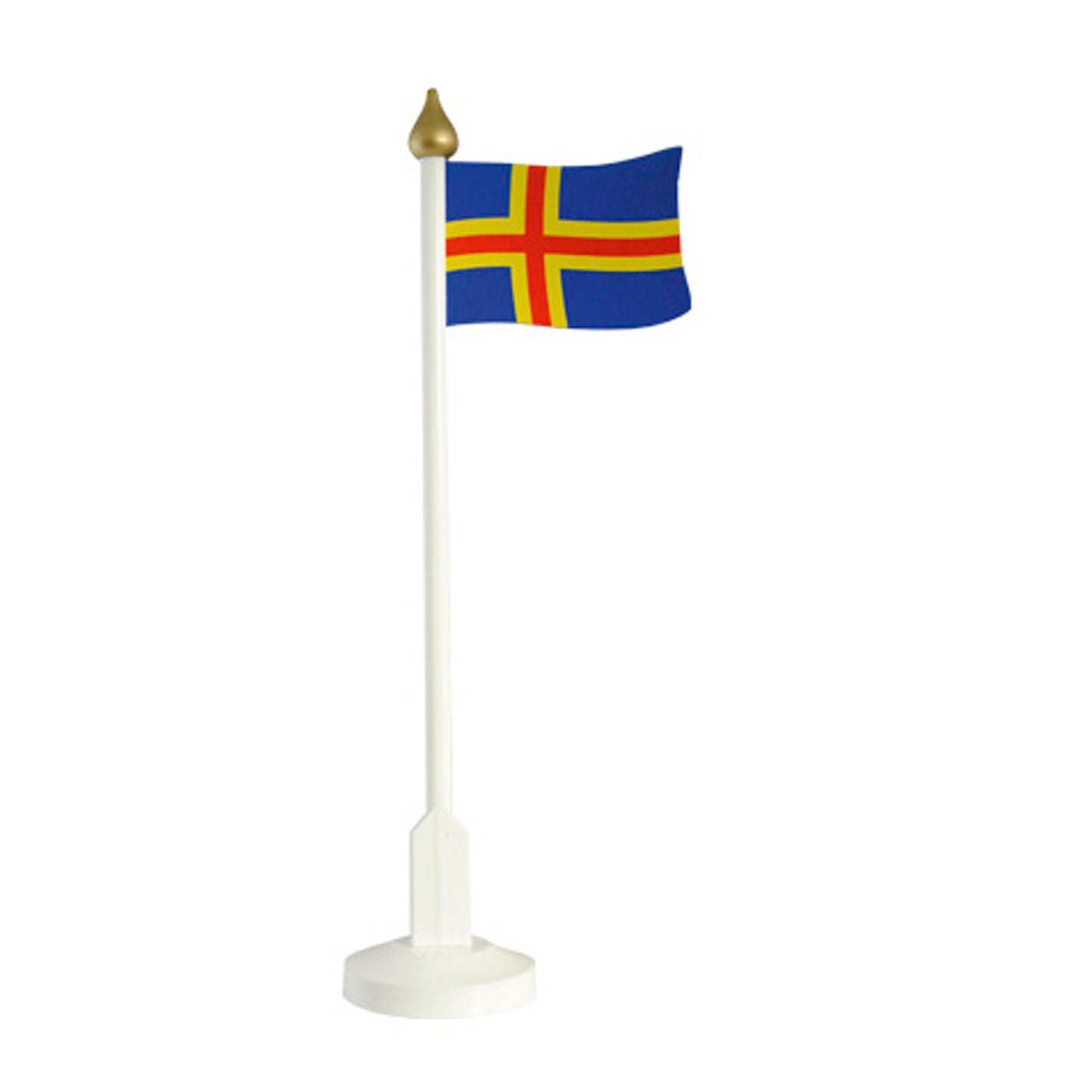 Bordsflagga med Ålands flagga, monterad på en stång med rund träfot