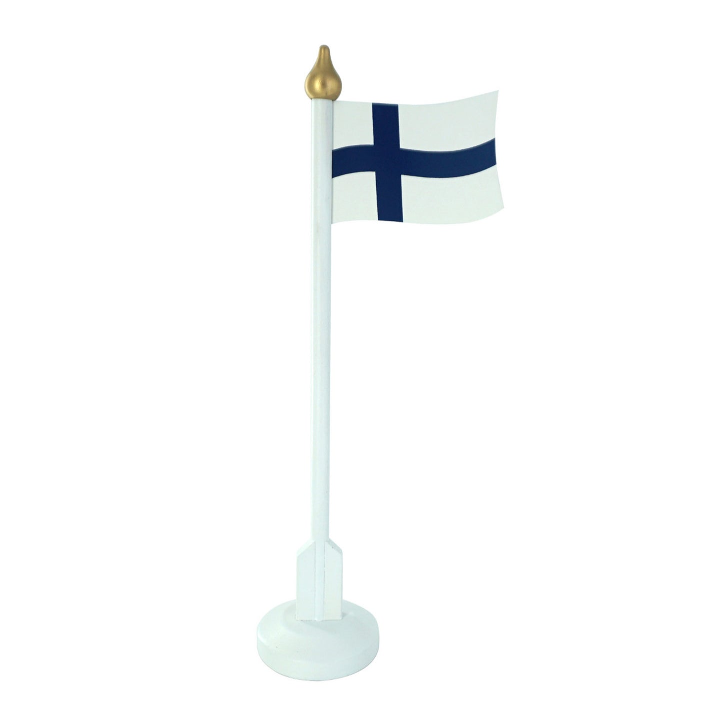 Bordsflagga med Finlands flagga, monterad på en stång med rund träfot