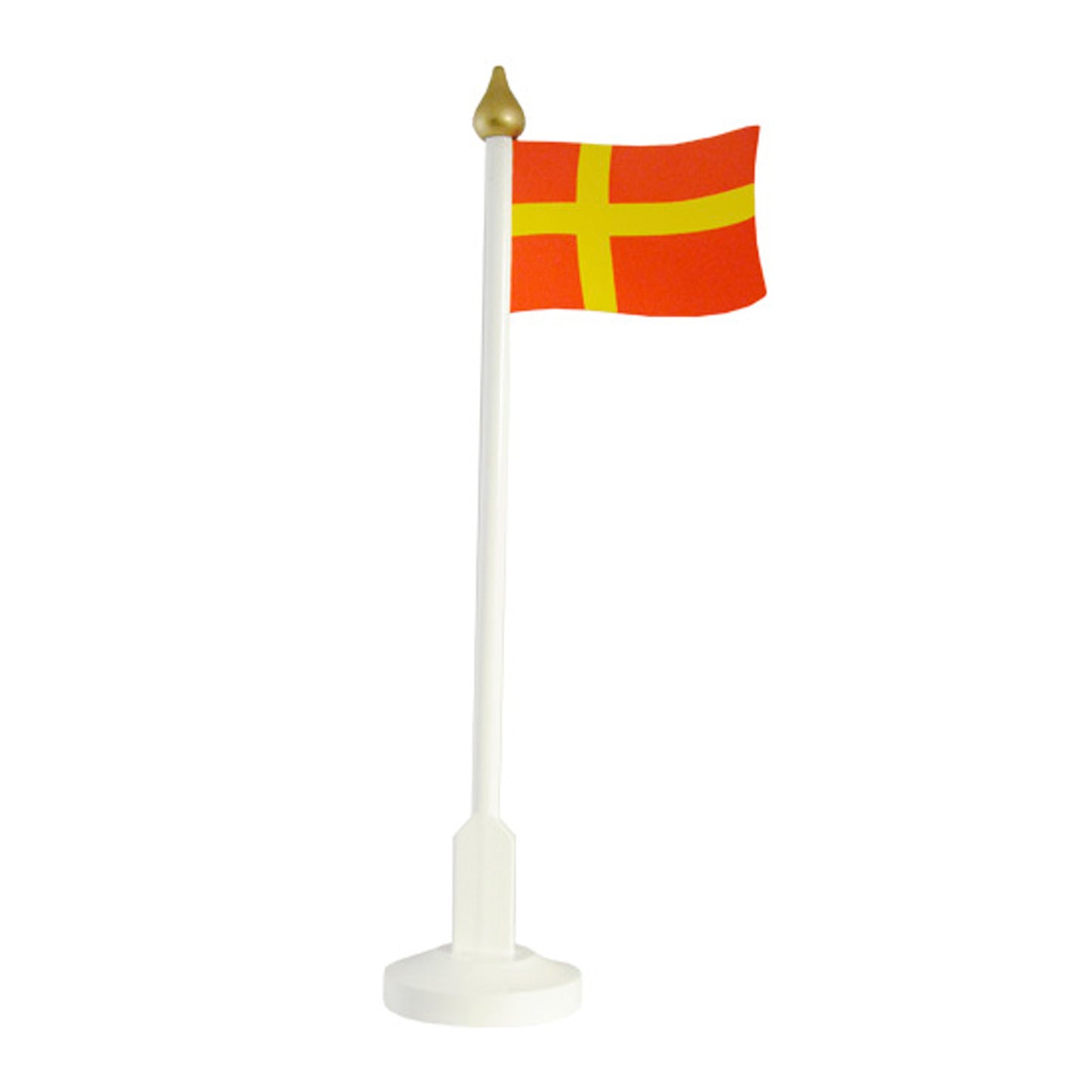 Bordsflagga med Skåne flagga, monterad på en stång med rund träfot.