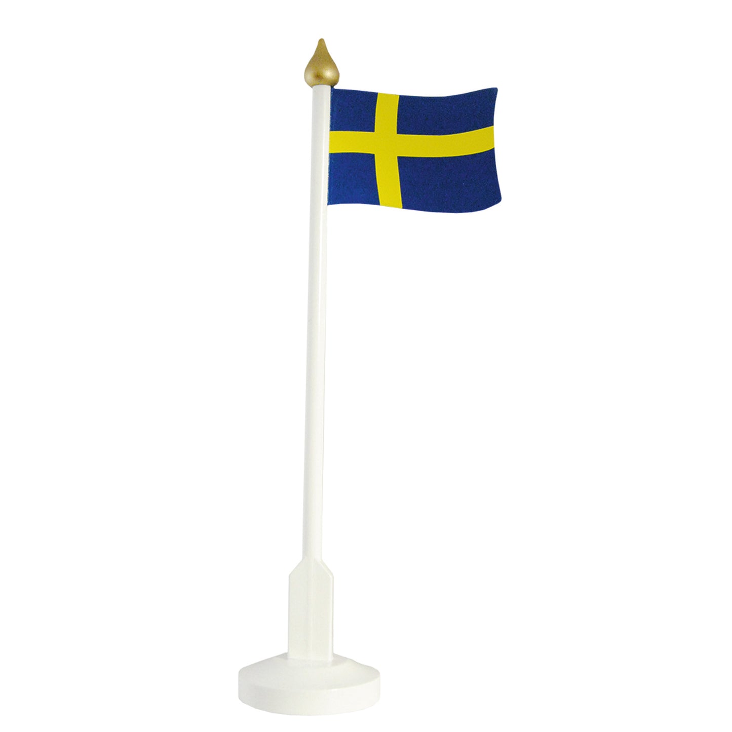 Bordsflagga med Sverige flagga, monterad på en stång med rund träfot.
