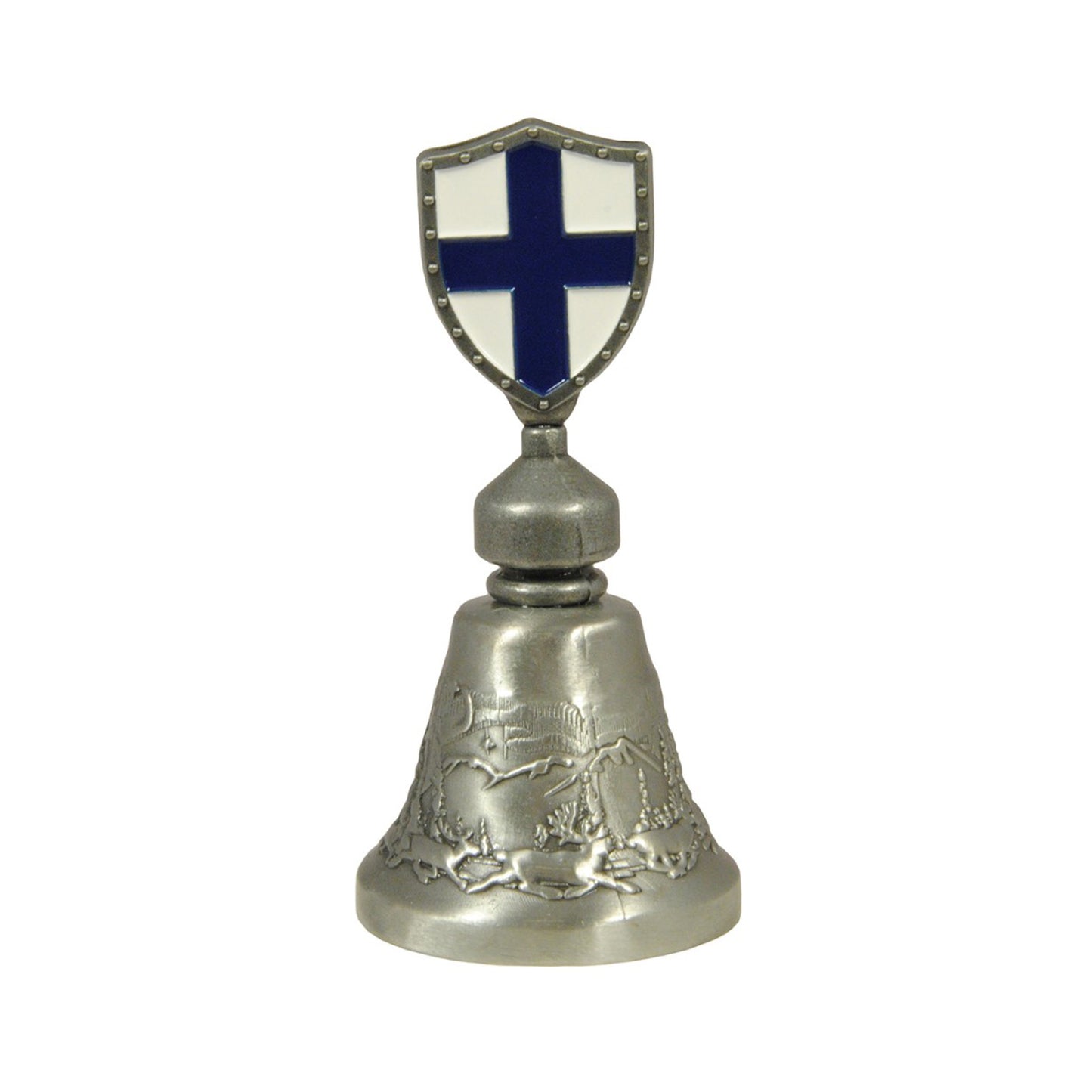 Baksidan av metallbordsklocka med renmotiv och finsk flagga i sköldformat på toppen, 9 cm.