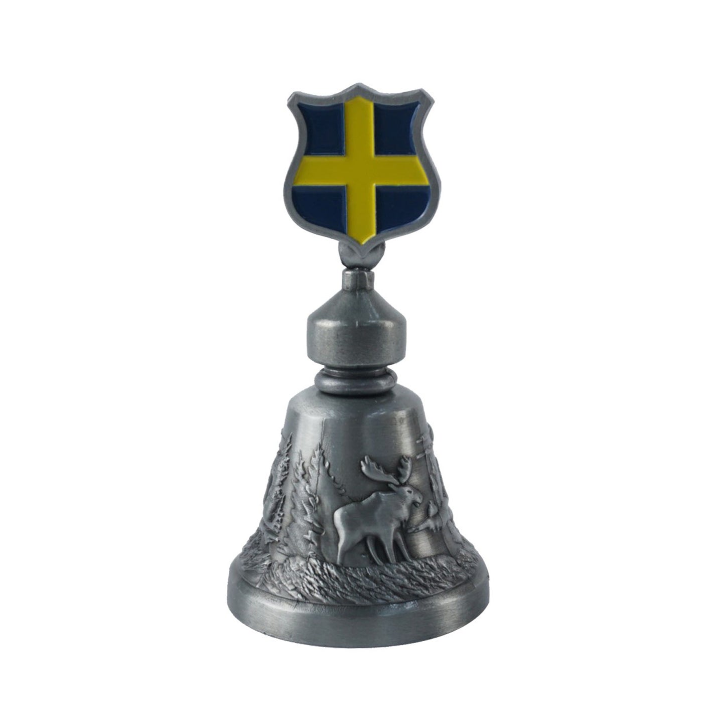 Baksida av metallbordsklocka med 3D-älgmotiv runt hela klockan och texten Sweden, 8,8 cm.