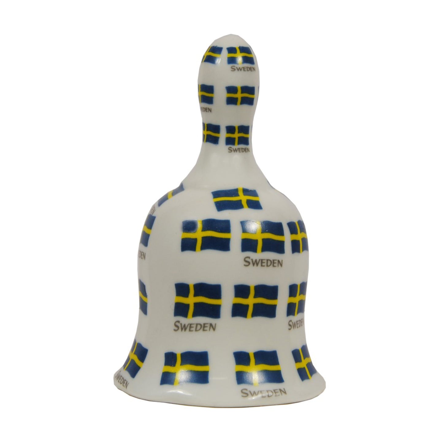Souvenir bordsklocka i vit porslin dekorerad med flera svenska flaggor och texten "Sweden", 10 cm.