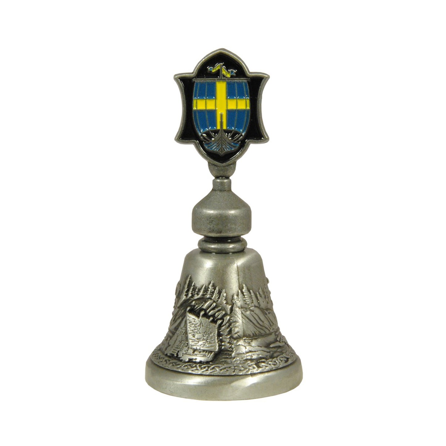 Baksidan av metallbordsklocka med vikingaskepp i 3D-design, 8,8 cm. Motivet sträcker sig runt hela klockan.