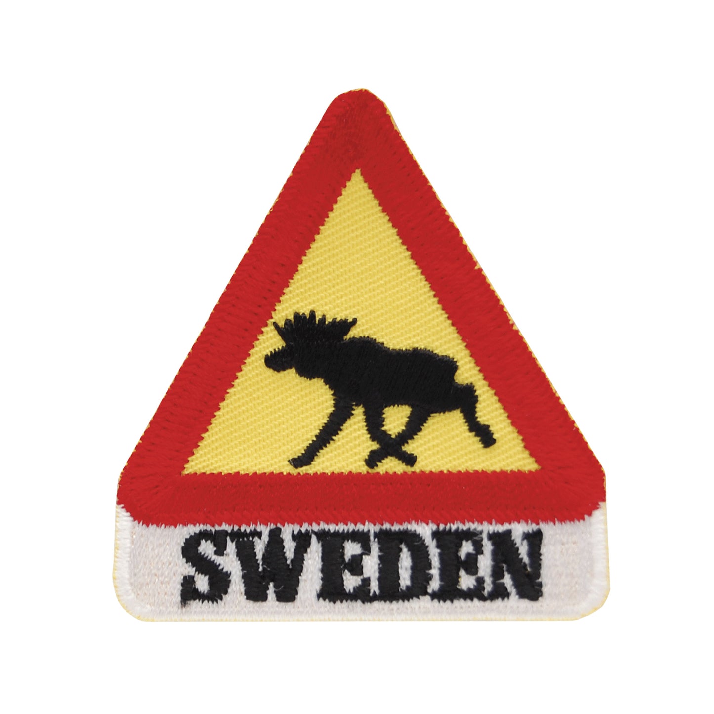 Broderat tygmärke med en älgvarningsskylt och texten "Sweden". Klassiskt souvenirmotiv som kan sys eller värmas fast på tyg.