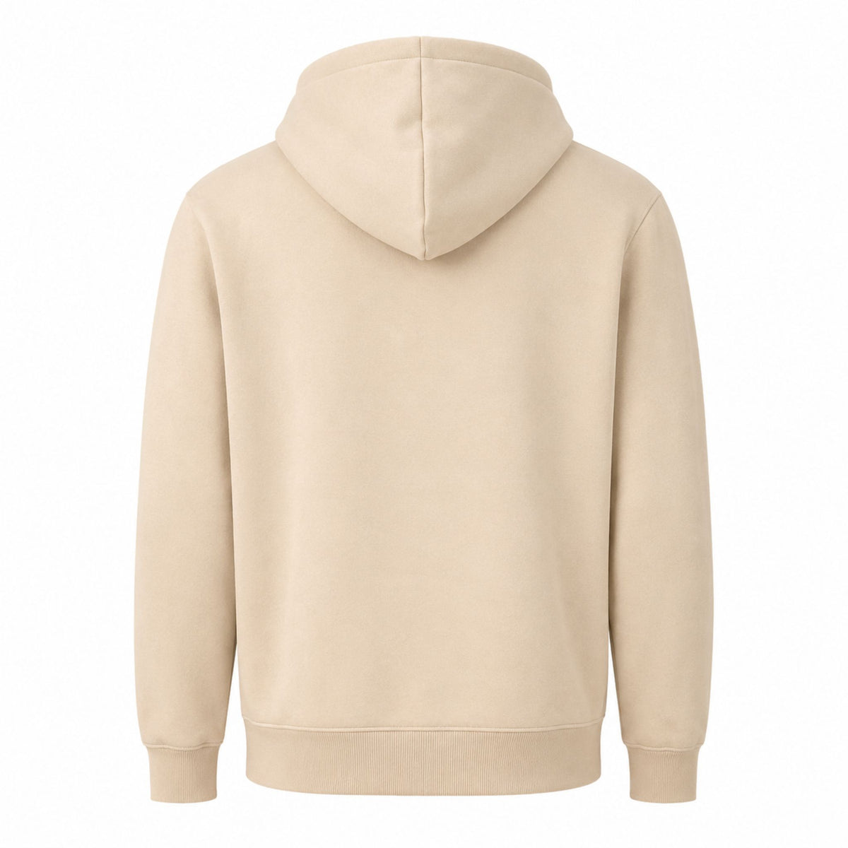 Beige huvtröja med präglat älgmotiv och texten Sweden - sedd bakifrån.