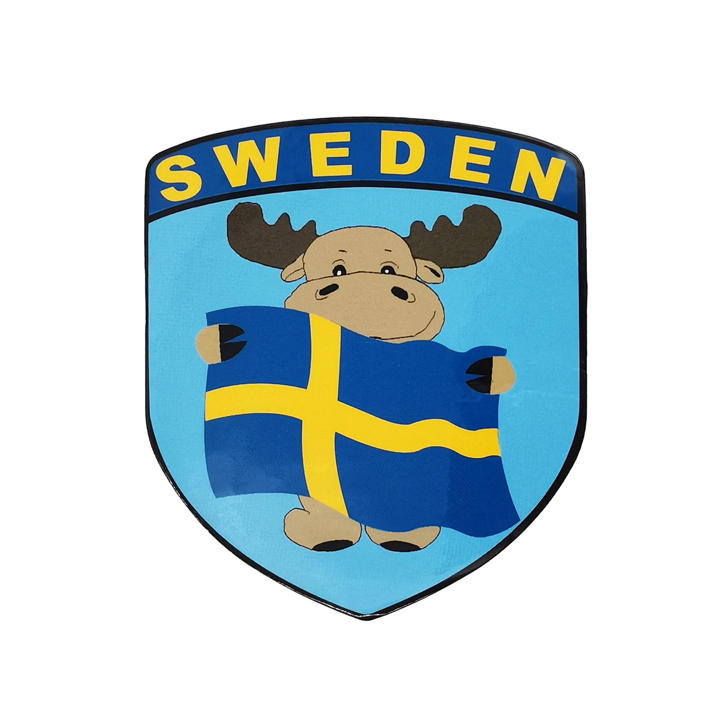 Sköldformad dekal med en glad älg som håller en svensk flagga mot ljusblå bakgrund.