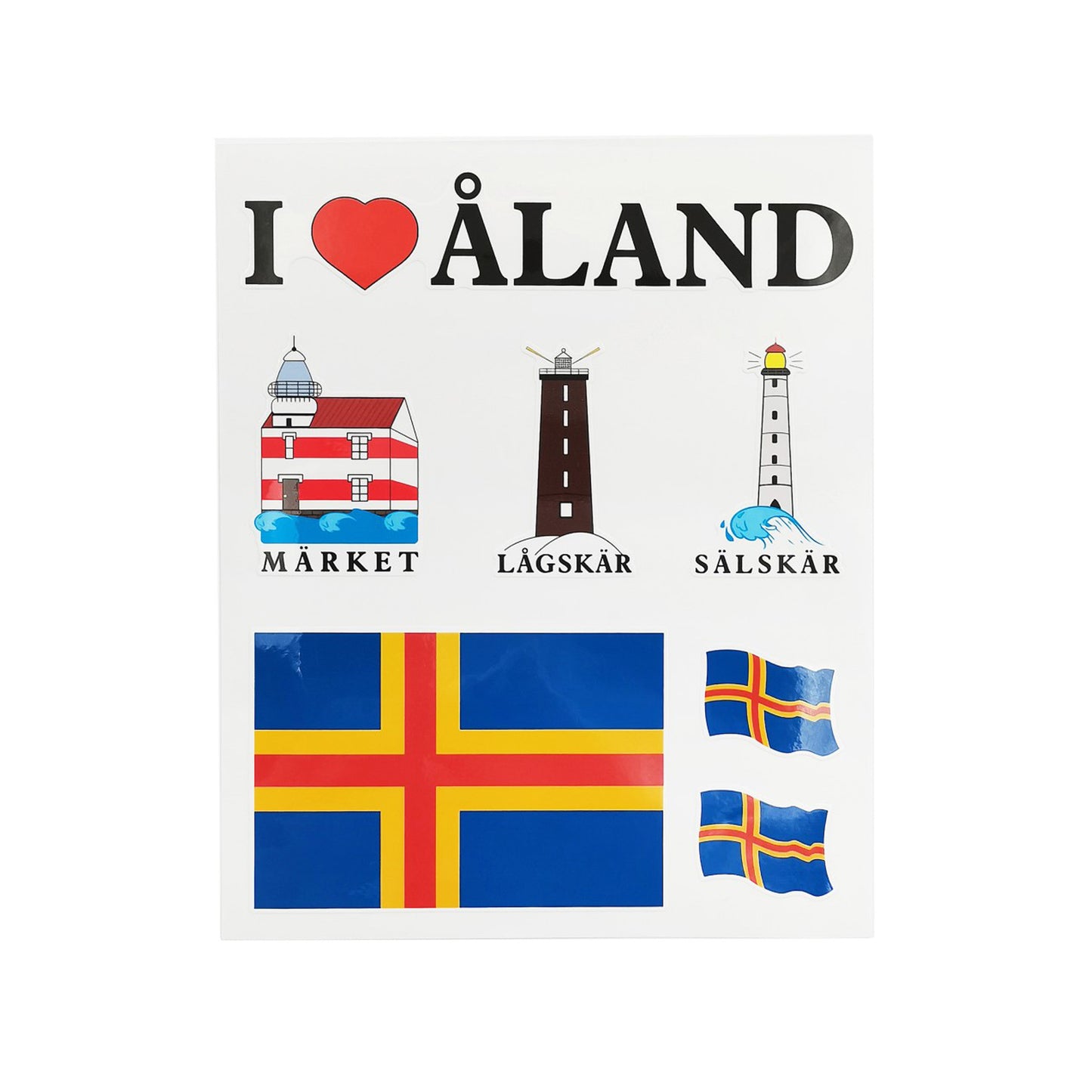 Dekalark med sju olika motiv från Åland, inklusive I Love Åland, Märket, Lågskär, Sälskär och Ålands flaggor. Storlek 16,5 x 14 cm. Tål användning både utomhus och inomhus.