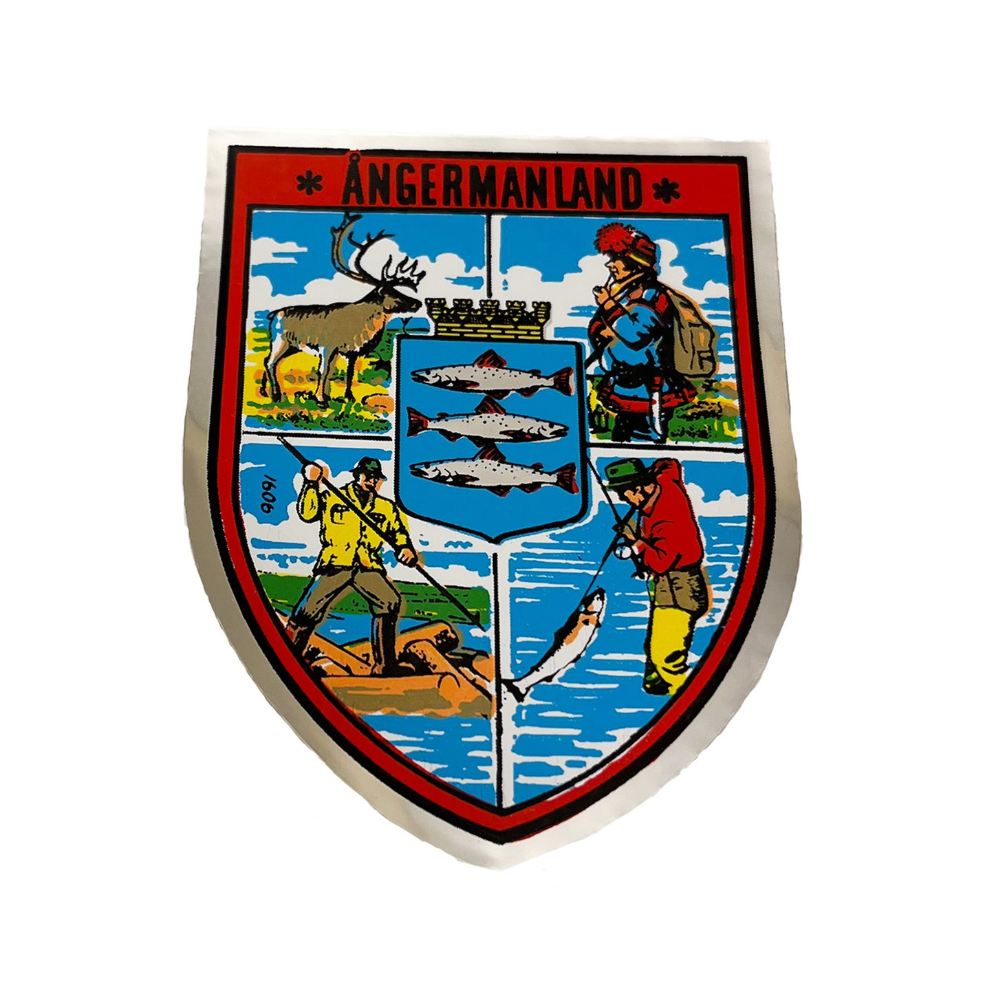 Sköldformad dekal 6 x 7,8 cm med motiv från Ångermanland.