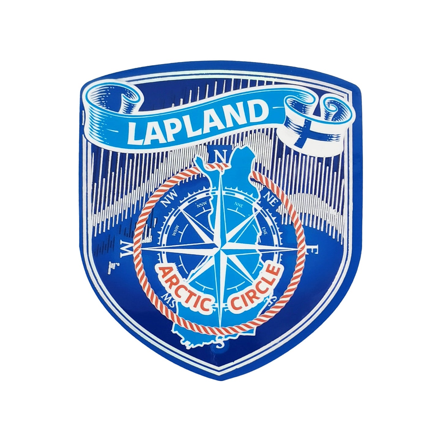 Sköldformad dekal med texten "Arctic Circle Lapland" och motiv som symboliserar polcirkeln – perfekt som souvenir för bil, husbil eller resväska.