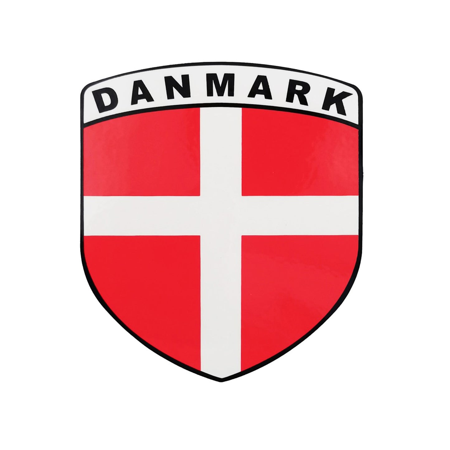 Sköldformad dekal med Danmarks flagga och texten Danmark – en klassisk souvenir.