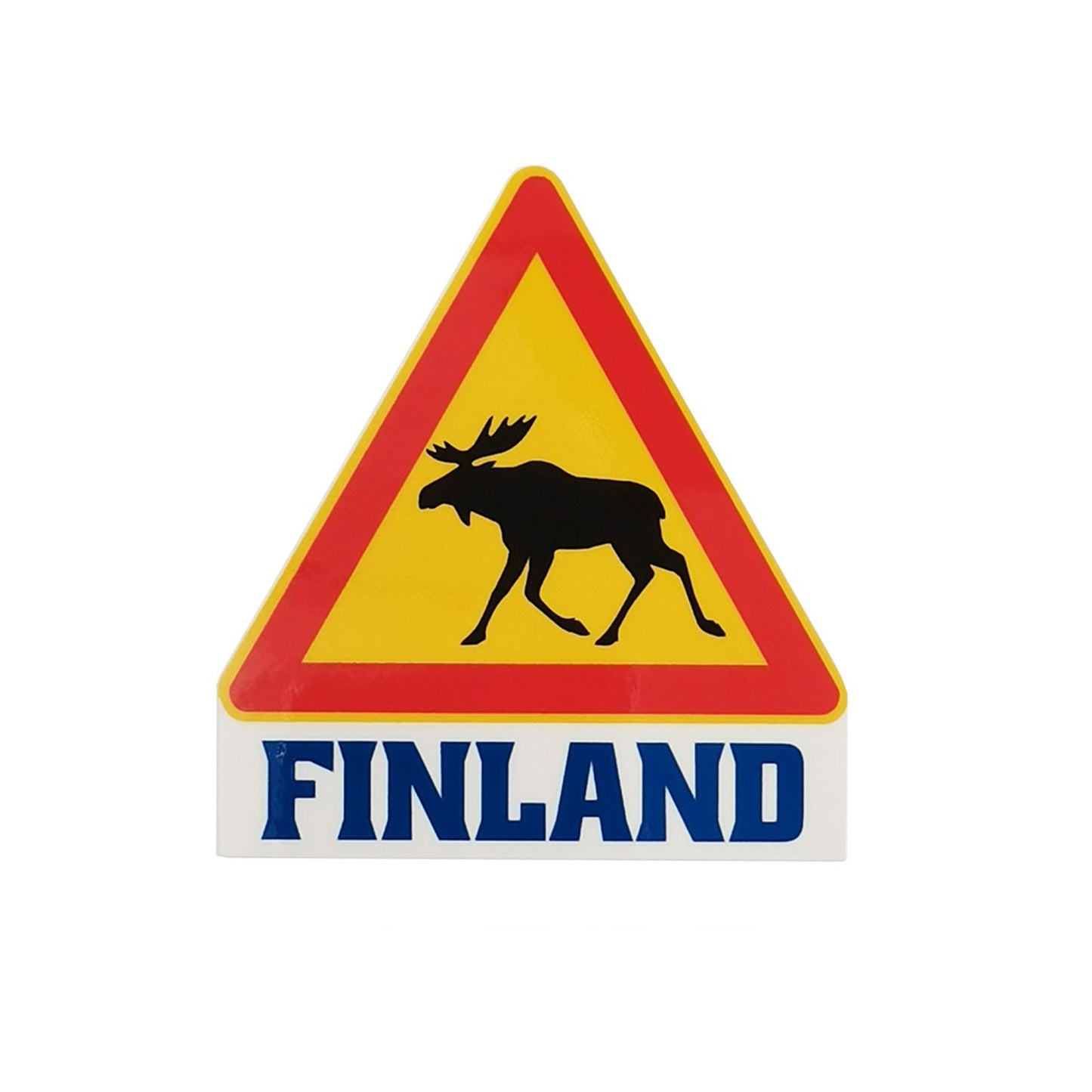Varningsdekal med älg och texten "FINLAND" – ett skojigt klistermärke som passar överallt.