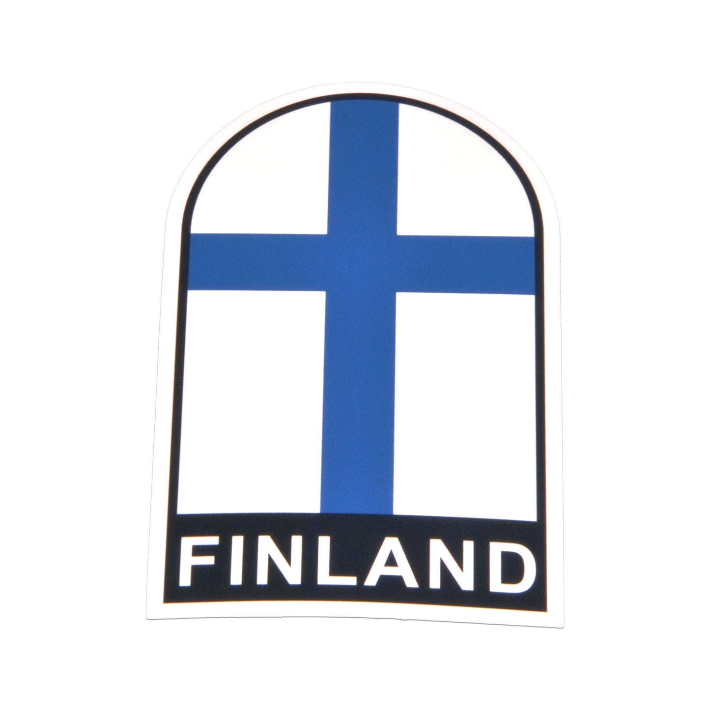 Dekal med Finlands blåvita flagga och texten "Finland".