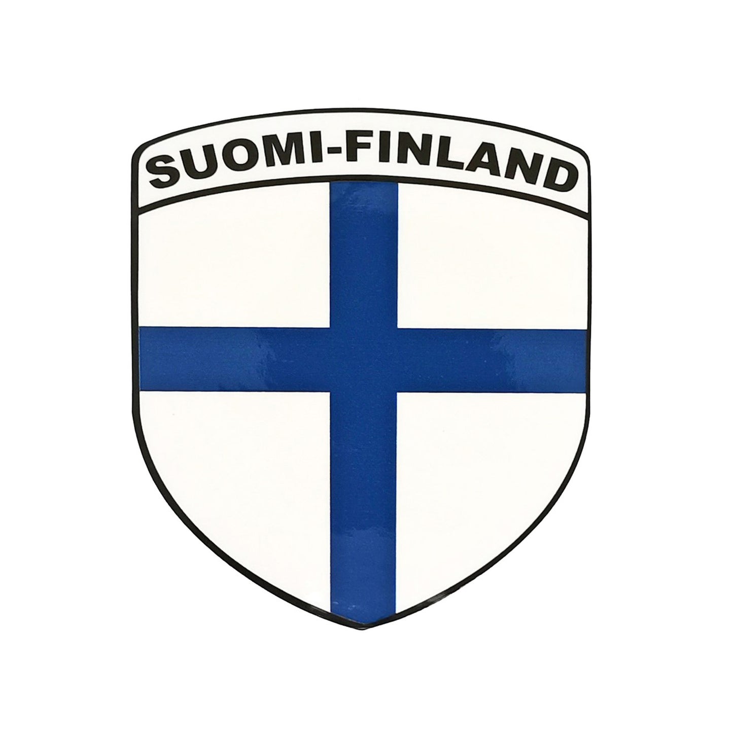 Sköldformad dekal med finska flaggan och texten Soumi-Finland – passar alla slags fordon från lastbil till sparkcykel.
