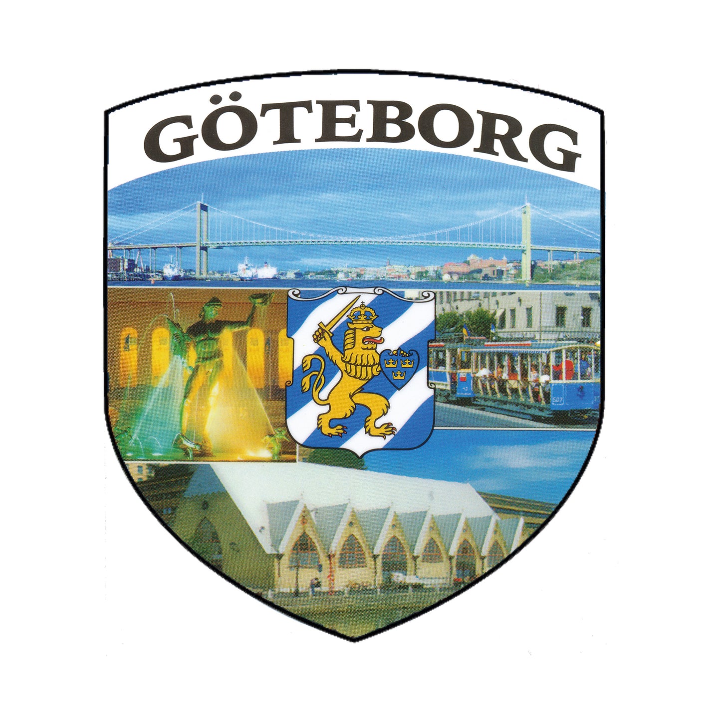 Sköldformad dekal med vyer från Göteborg – Feskekyrkan, Poseidon, klassisk spårvagn, Älvsborgsbron, stadsvapnet och texten "GÖTEBORG".