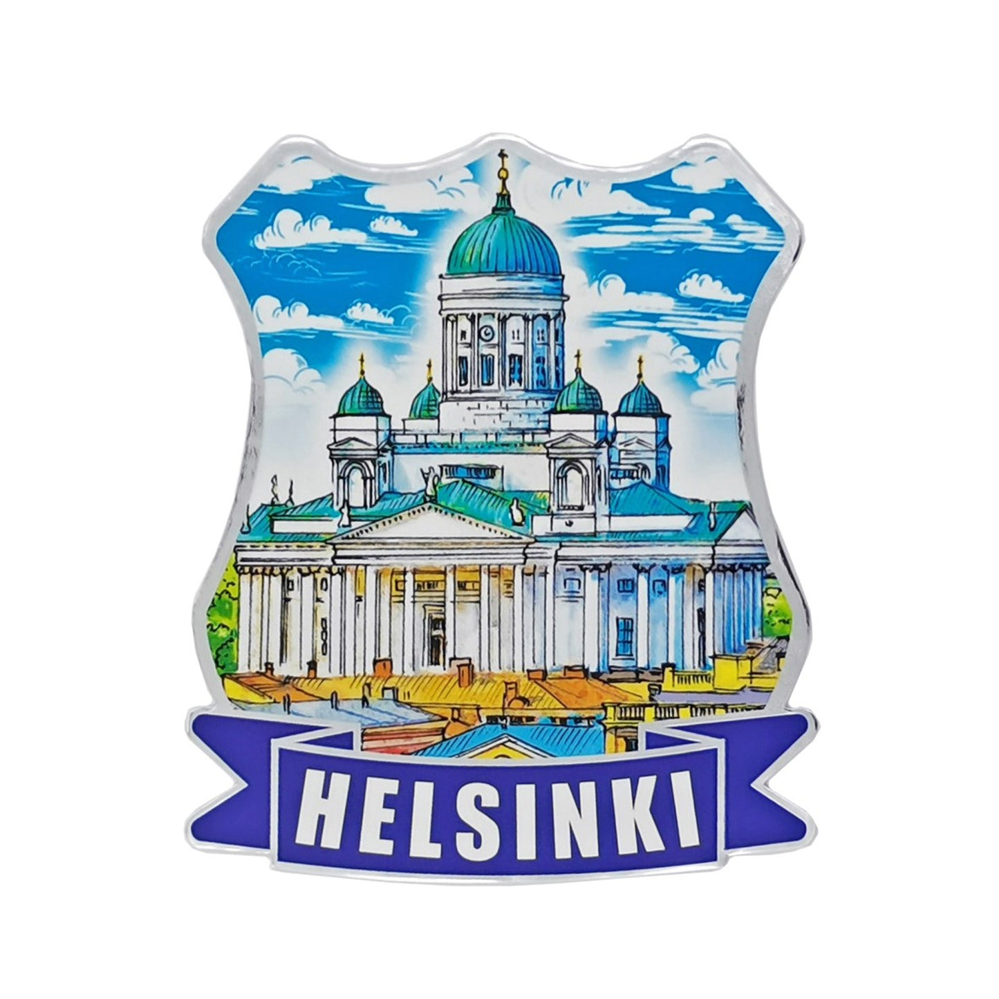 Sköldformad dekal med motiv av Helsingfors domkyrka och texten Helsinki – en dekorativ souvenirdekal i hög kvalitet.