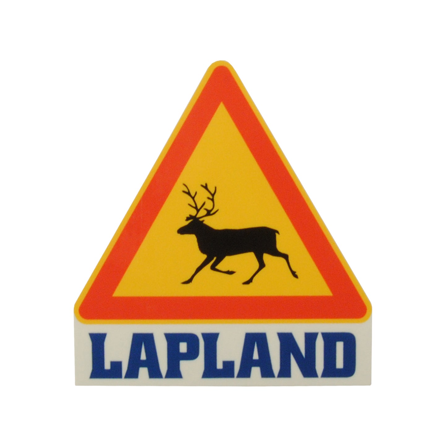 Klistermärke med varningsskylt för ren och texten “LAPLAND”. Passar perfekt som souvenir från resor i Lappland, både i Sverige och Finland. Lekfull och dekorativ design.