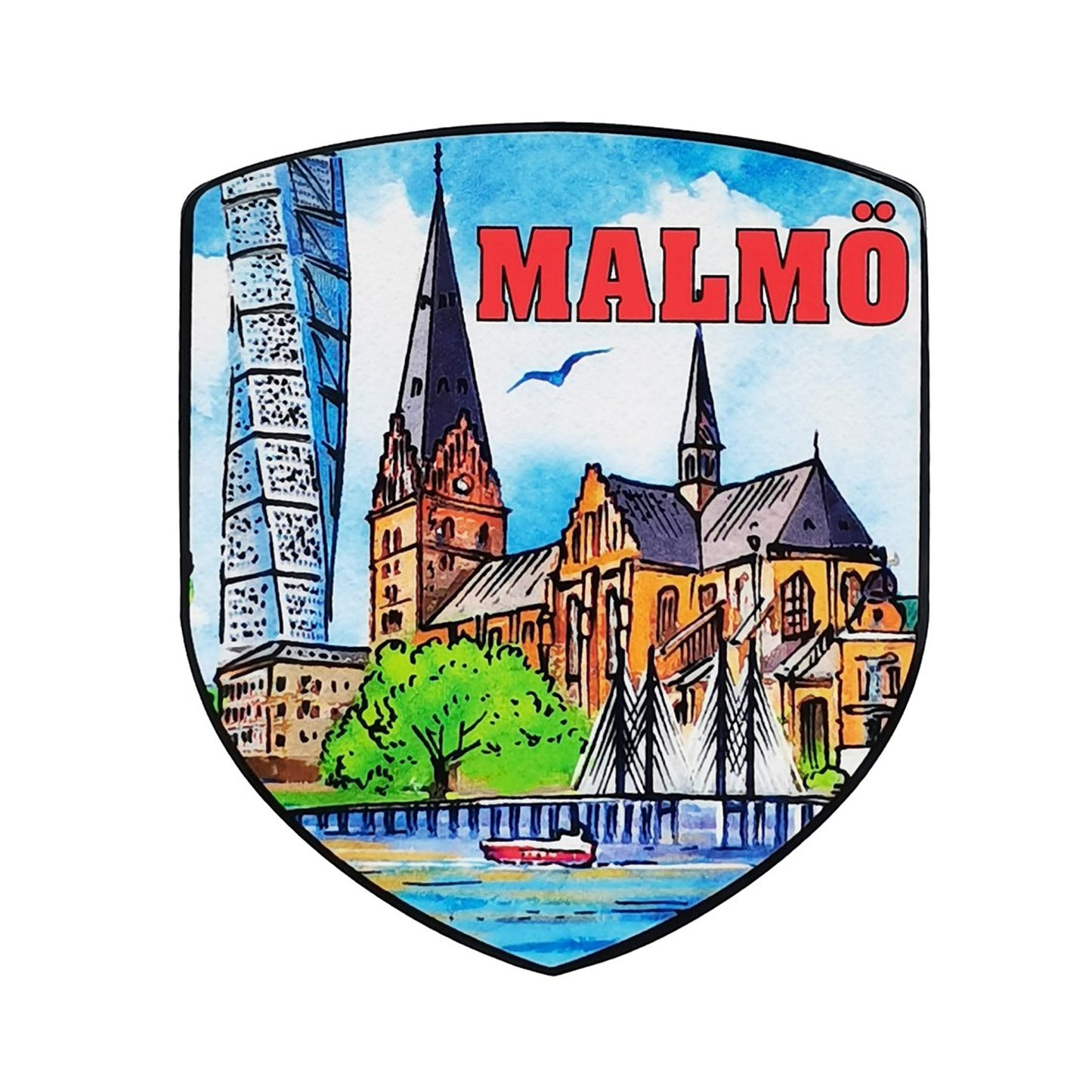 Sköldformad dekal med Malmömotiv och texten Malmö – tålig souvenir som passar både inomhus och utomhus.