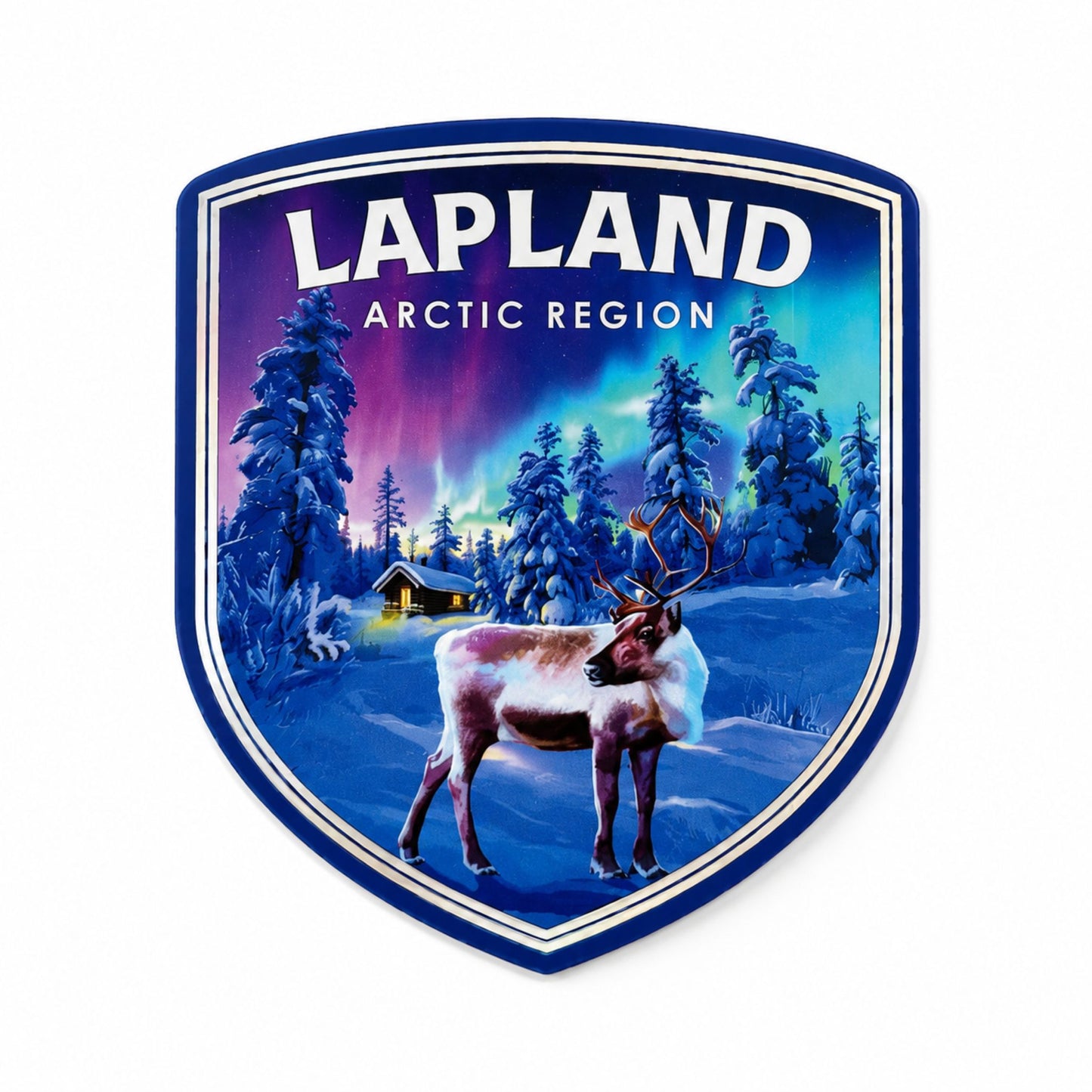 Dekal i form av en sköld med en ren och texten "Lapland" och "Arctic Region" med norrsken i bakgrunden.