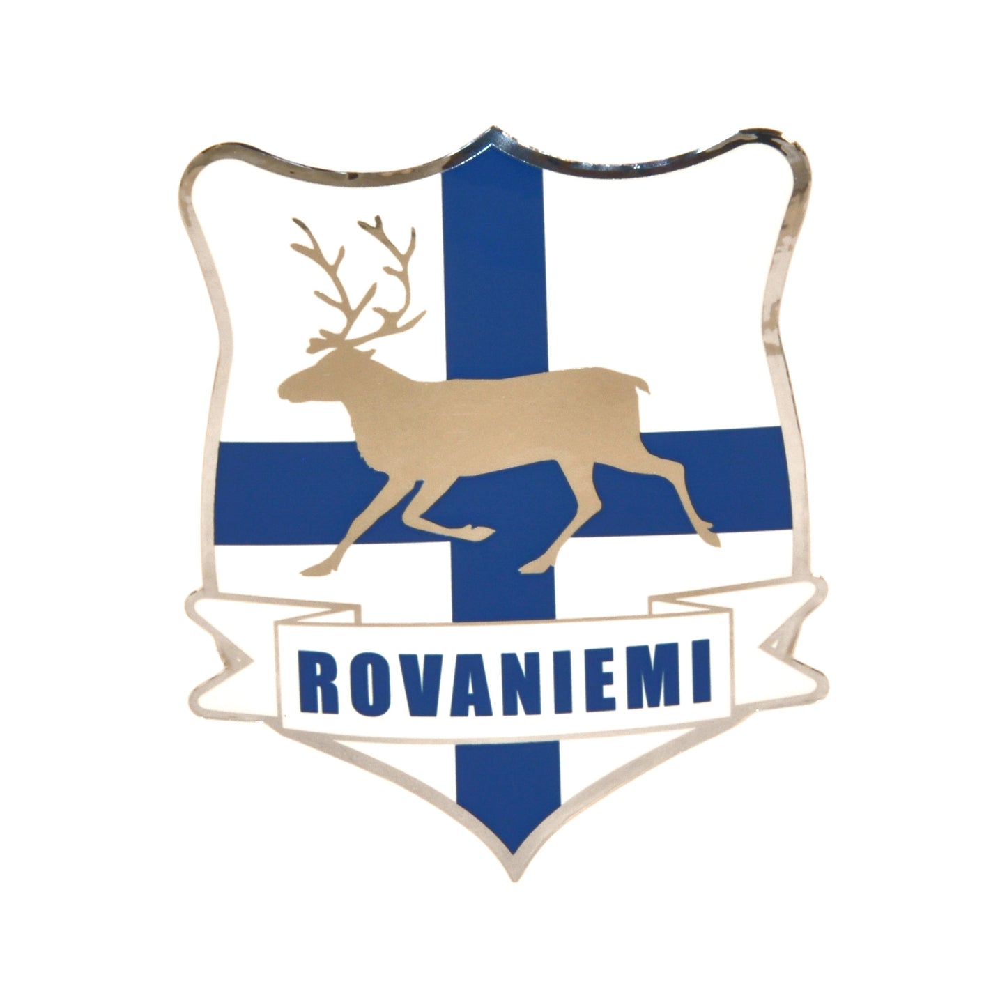 Sköldformad dekal där bakgrunden består av en finsk flagga, skölden pryds också av en silverfärgad ren och texten "Rovaniemi" i blått.