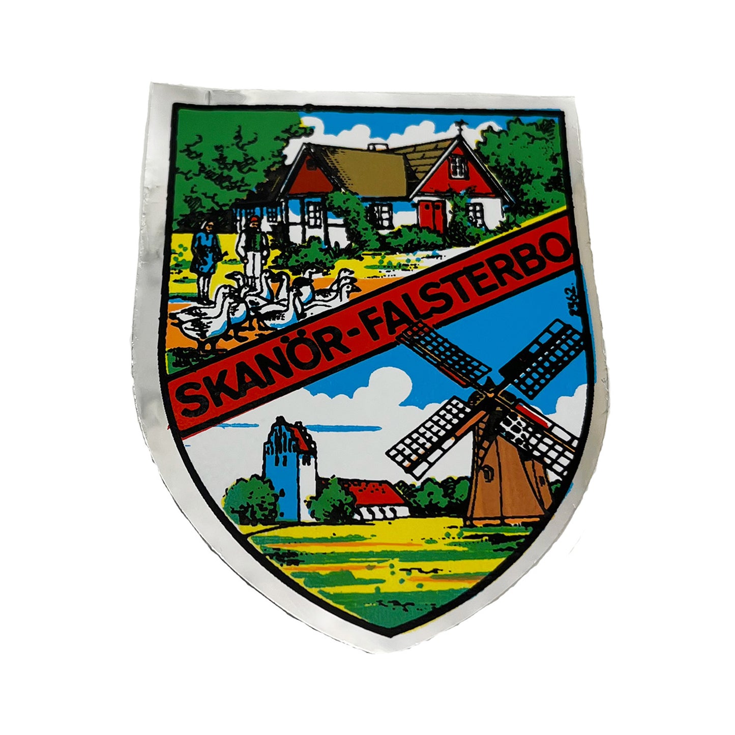Sköldformad dekal med motiv från Skanör-Falsterbo.