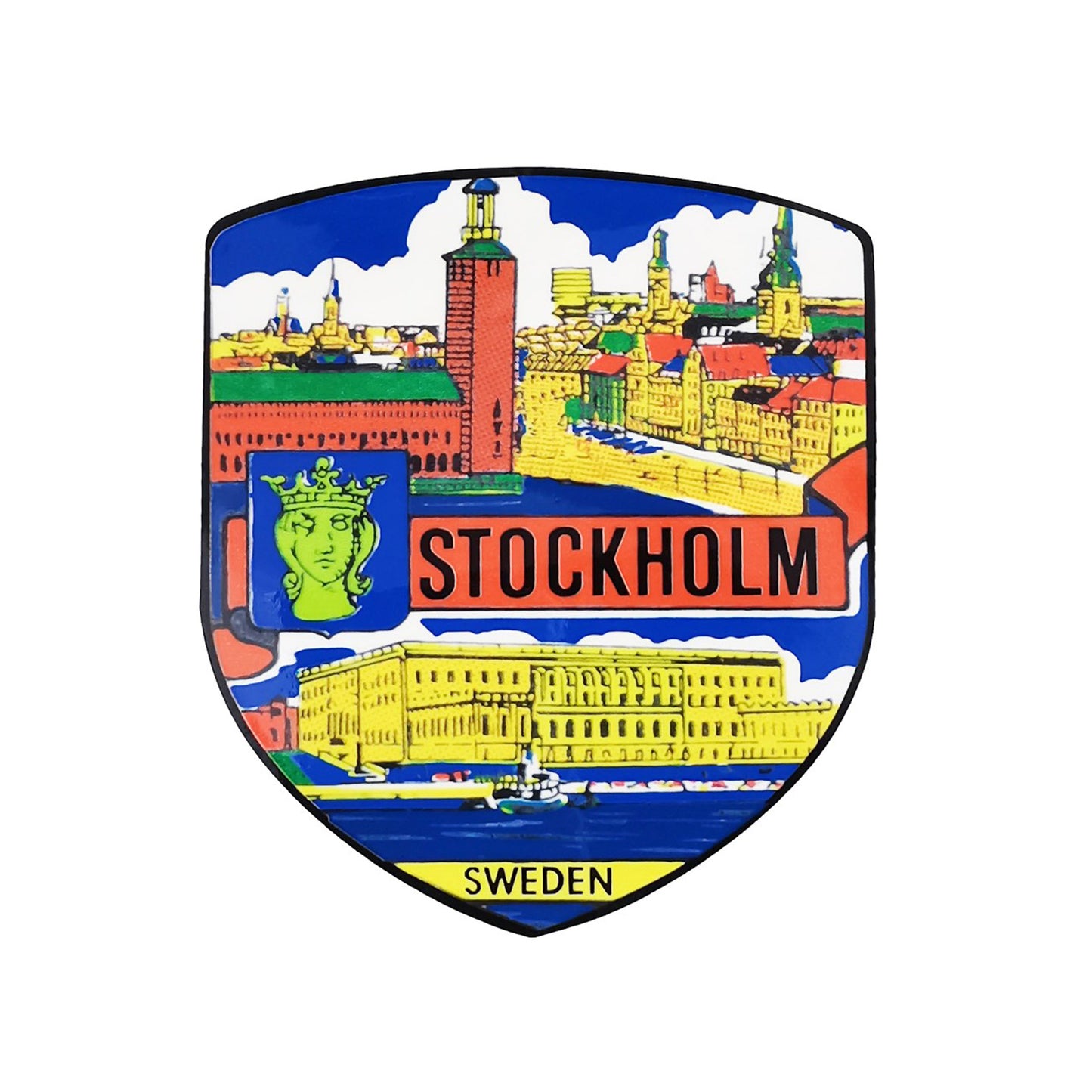 Sköldformad dekal med motiv av Stockholms slott, stadshus och Gamla Stan – en populär souvenir.