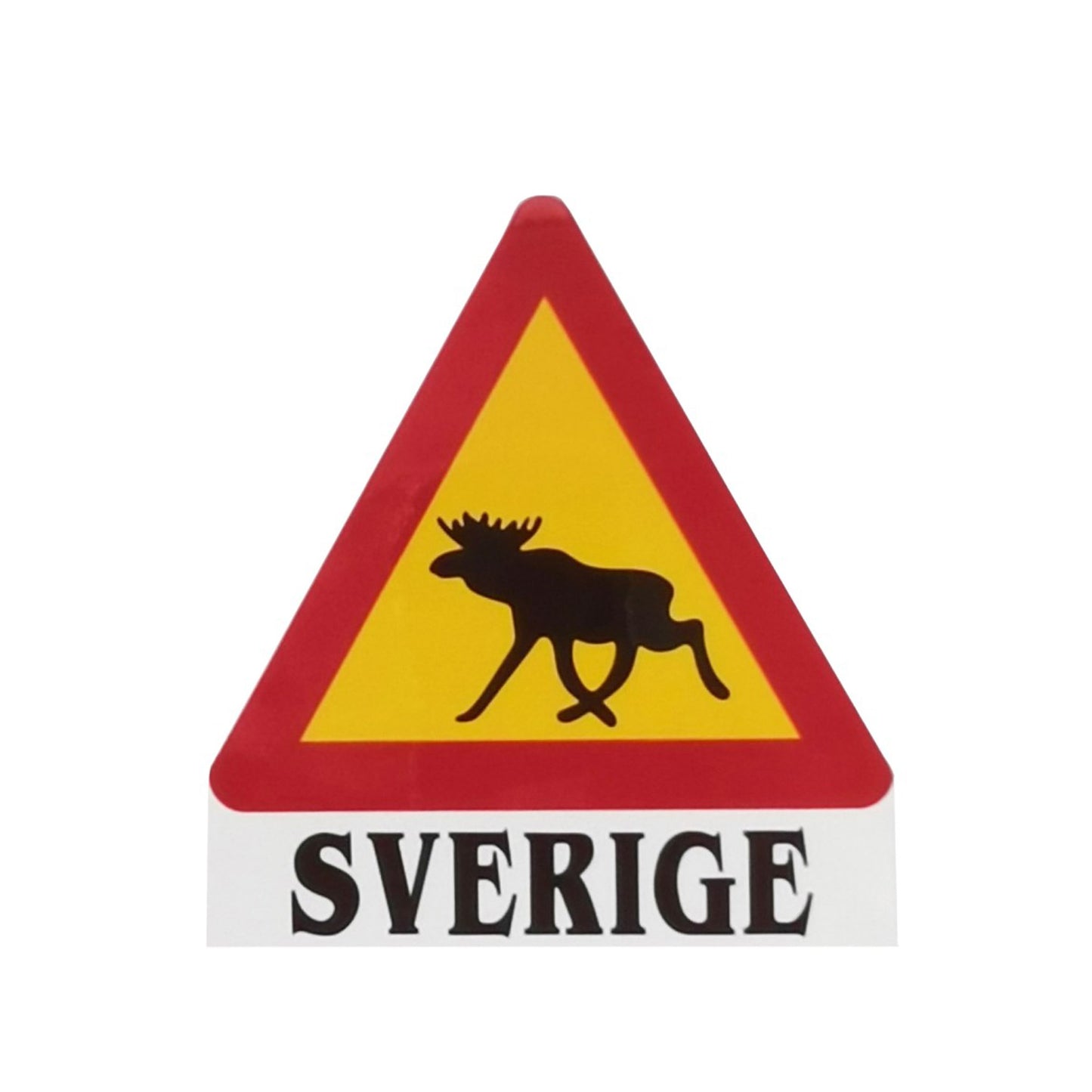 Dekal i form av en varningsskylt med älg och texten Sverige – passar husvagn, husbil och personbil.