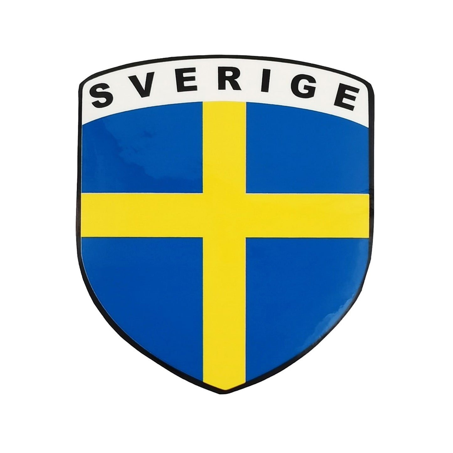 Sköldformad dekal med svenska flaggan och texten Sverige – en klassisk och tidlös souvenir.