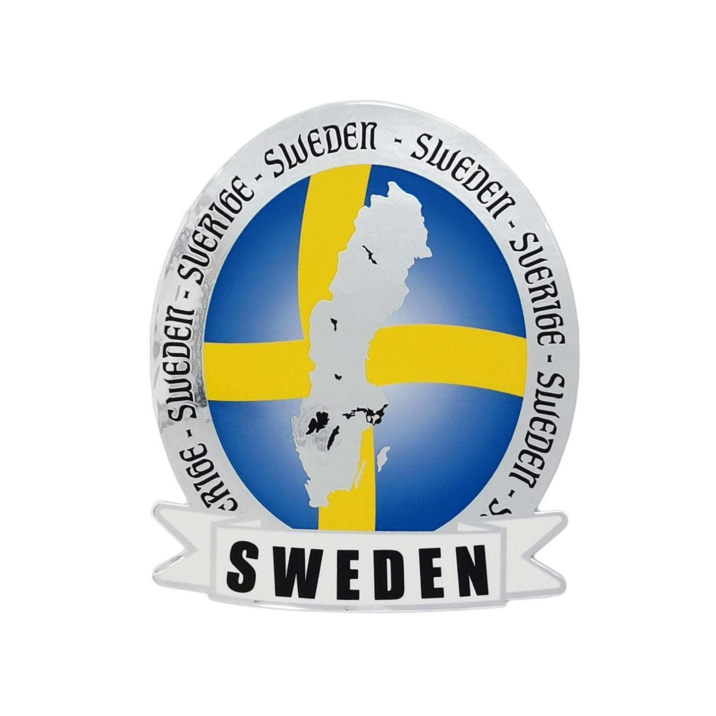 Oval dekal med svenska flaggan och Sveriges karta. Runt hela dekalen står texten “Sverige - Sweden ” och längst ner finns en banderoll med texten “Sweden”.