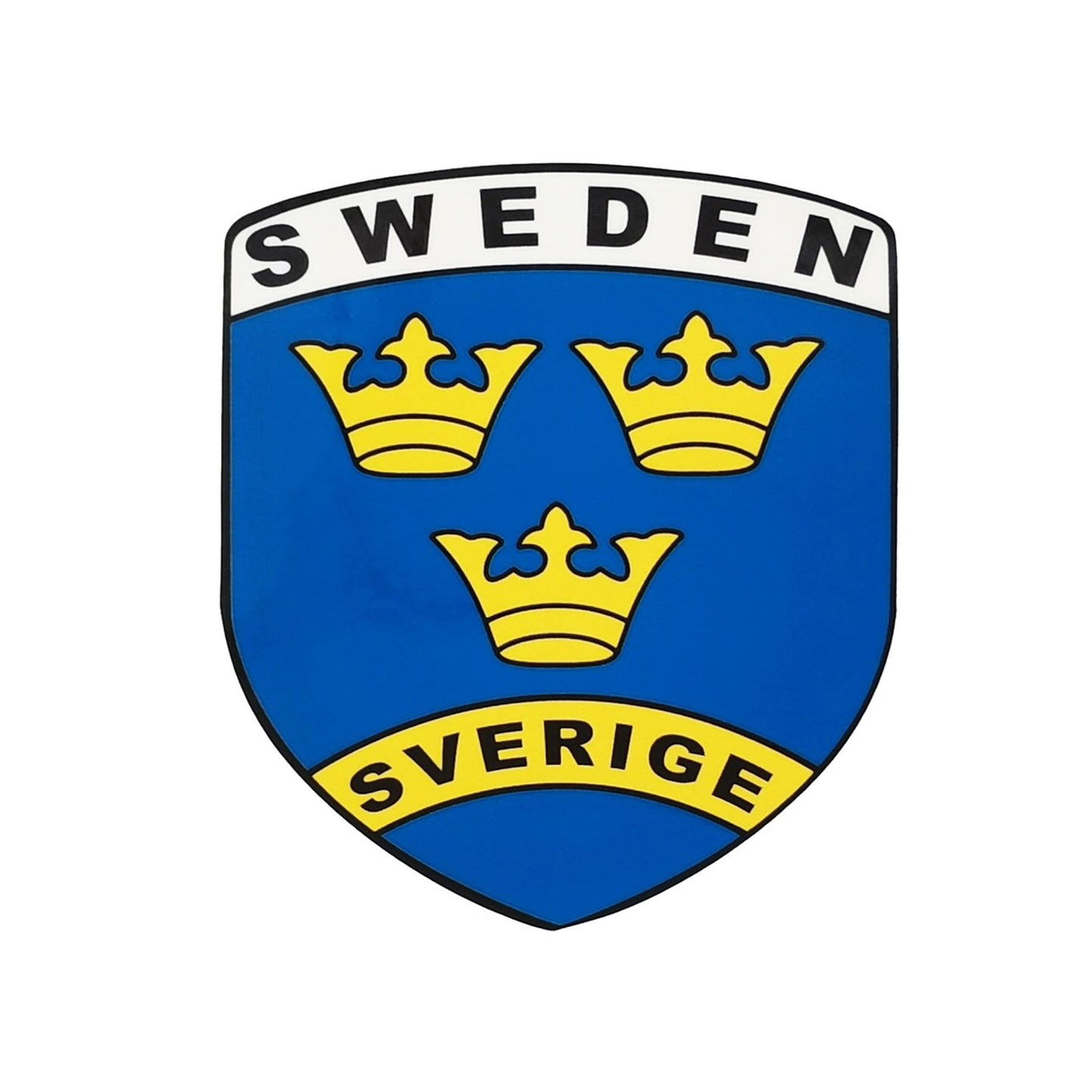 Sköldformad dekal med motiv av Tre Kronor samt texten Sverige – Sweden – en klassisk souvenir.
