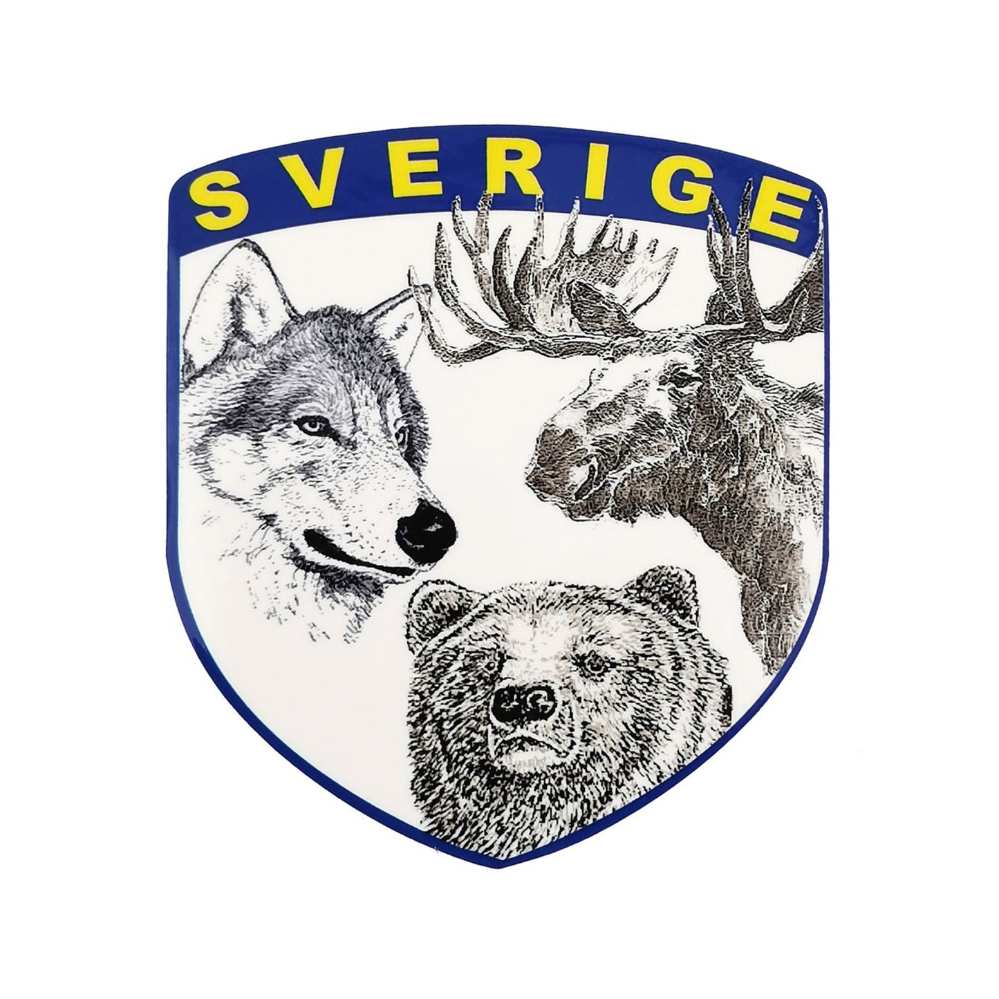 Sköldformad dekal med varg, älg och björn samt texten Sweden – en högkvalitativ souvenir med motiv från den svenska vildmarken.