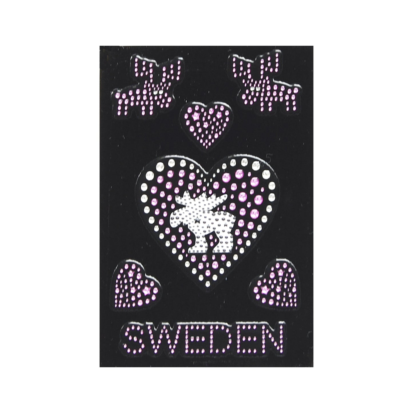 Glittrande dekaler med älgar, hjärtan och texten Sweden på ett ark, totalt 7,5 x 10 cm.