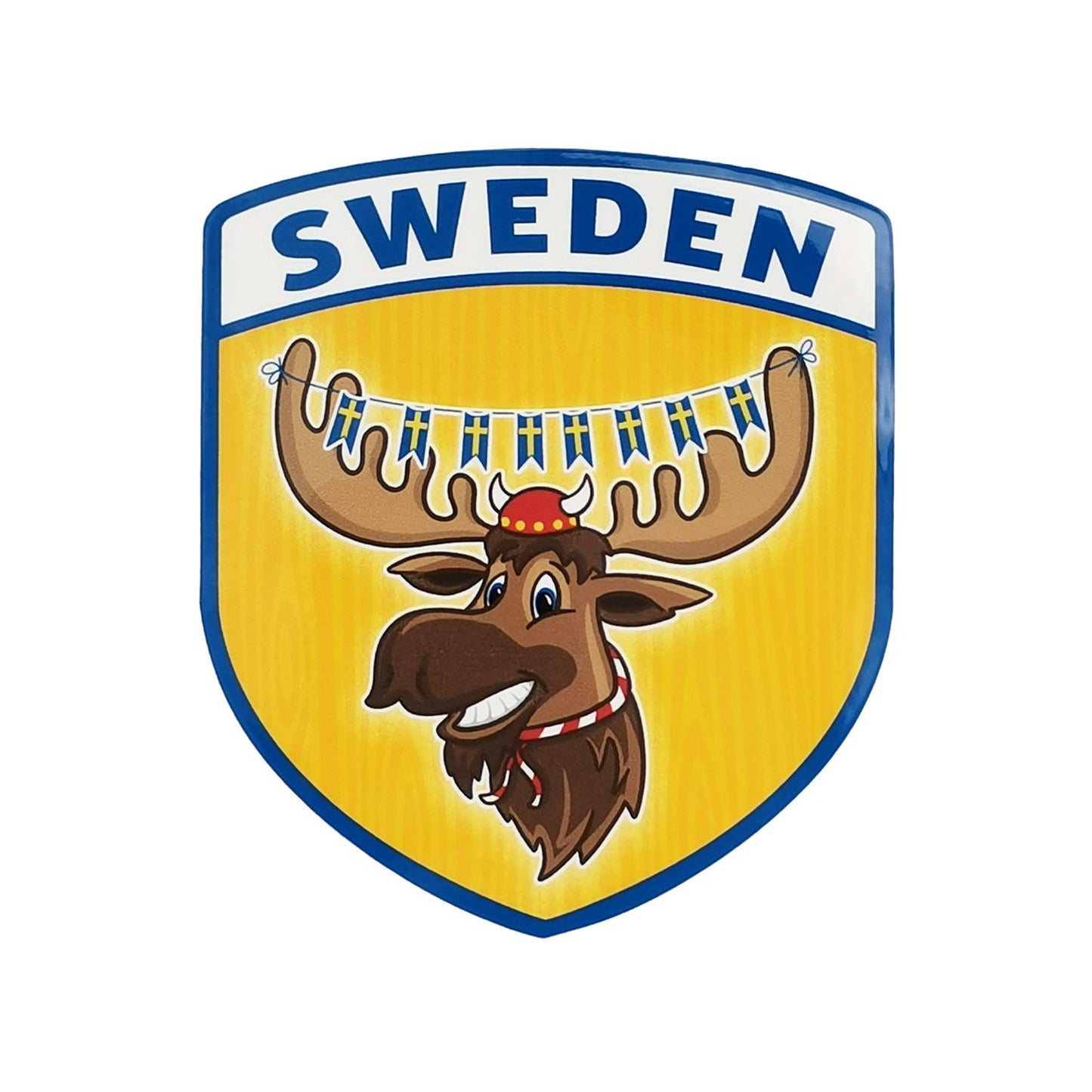 Sköldformad dekal med en tecknad, rolig älg och texten Sweden – en humoristisk souvenir i hög kvalitet.
